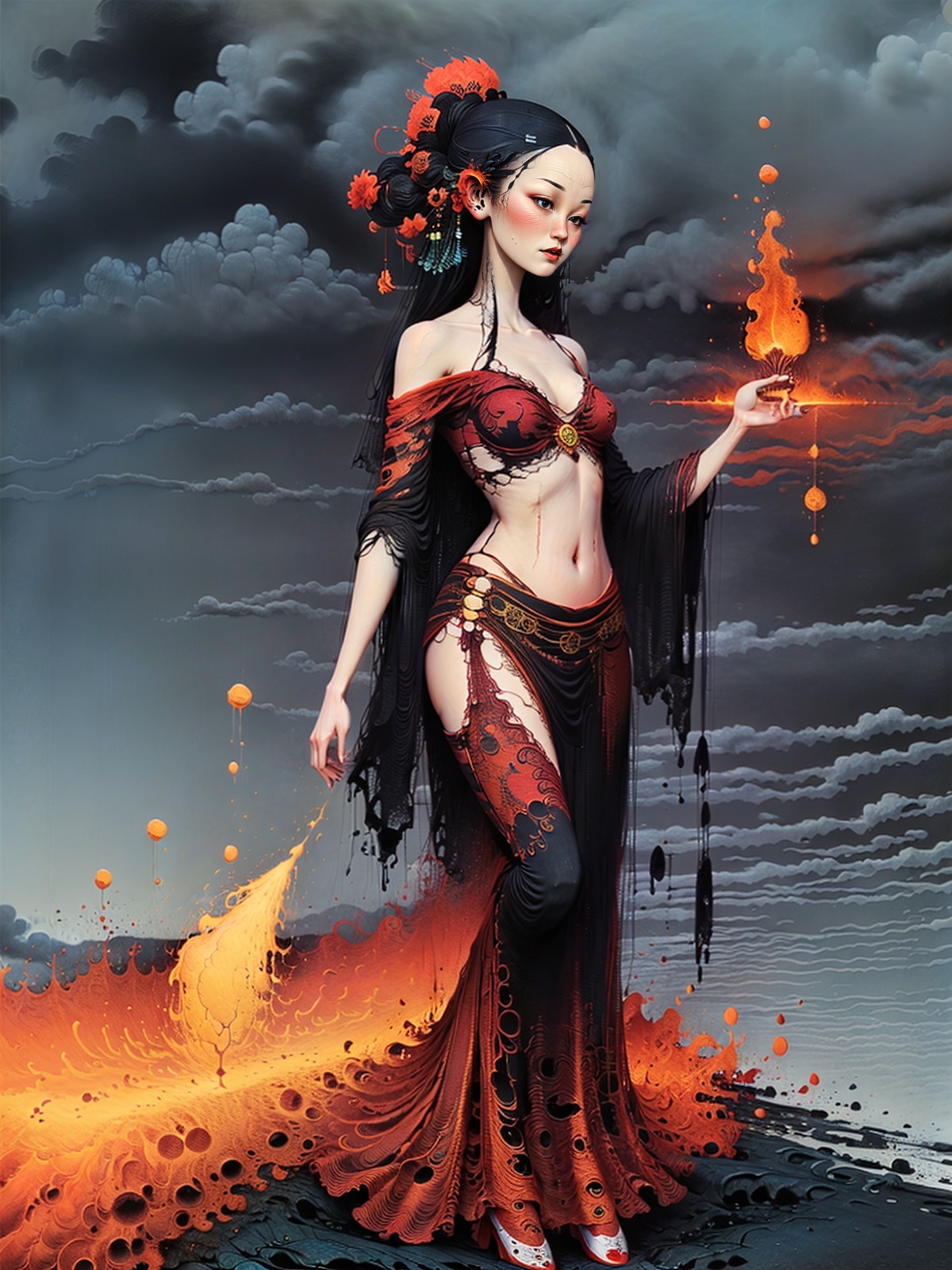 highly detailed,best quality,high resolution,volcano,(lava flow\(glowing, splash, high in the air, surrounding a girl\):1.2),full shot,front view,(background\( shanhaijing, cloud, volcano, light color, lava splash\) :1.2),full body,high resolution,masterpiece,A girl dancing the peacock dance,dressed in ethnic costumes,Yang Liping,with flowers,Peacock feathers,flat style,
