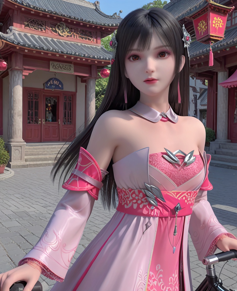(oriental architecture, elegant decor, sophisticated style:1.1),(cycling:1.1),(breasts:1.2),<lora:XL雪鹰领主姬容:0.95>,miss jirong,white pleated dress paired with a pink dress,black hair,long hair,hair ornament,jewelry,red eyes,detached collar,bangs,lips,detached sleeves,sash,, score_9,score_8_up,score_7_up,score_6_up,score_5_up,score_4_up,3d rendering,tag1,tag2, Cinematic Lighting,backlighting,