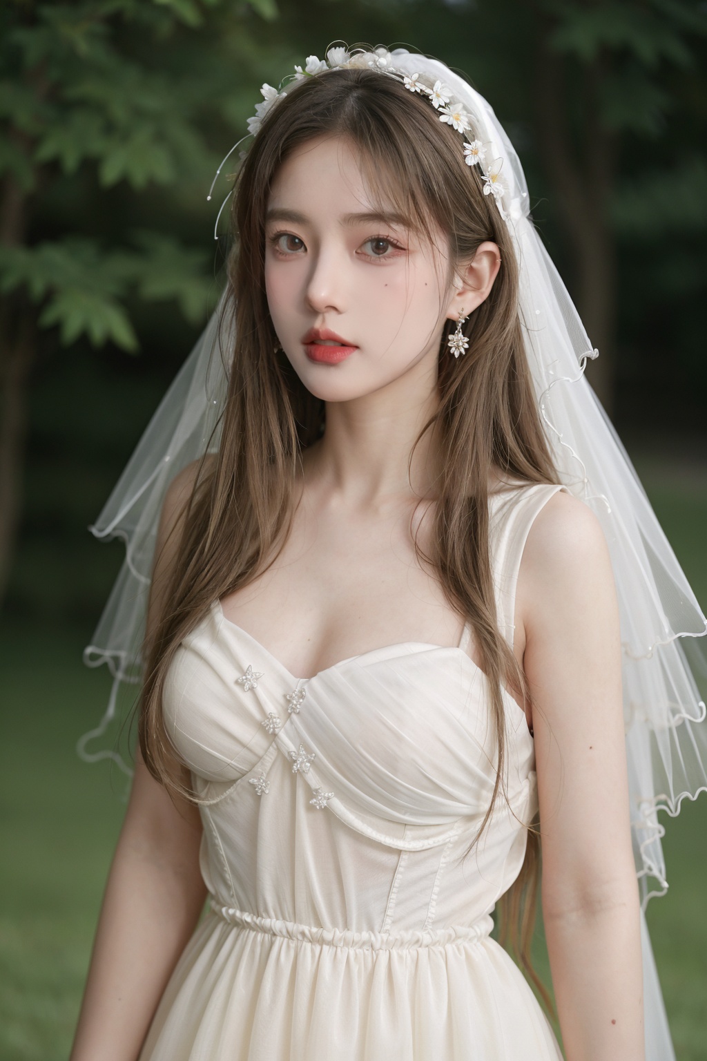 Best Quality,Masterpiece:1.4),(Realism:1.2),(Realisitc:1.2),(Absurdres:1.2),4K,(photorealistic:1.3),Detailed,Ultra-Detailed,1girl,church,lawn,outdoor,wedding,(whole body:1.4),gauze headscarf,((Huge chest)),(Long Wavy Hair),hunsha,veil,Earrings,Jewelry,(SunLight:1.4),Flowers,Hair Ornaments,<lora:YG梦中婚纱2:0.7>,