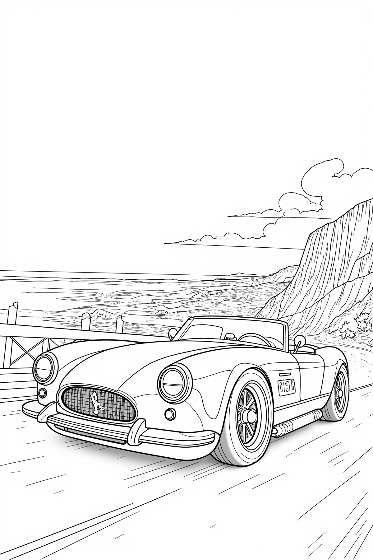 Highly detailed black and white line drawing of a luxury sports car on a scenic coastal road with cliffs and ocean view,...