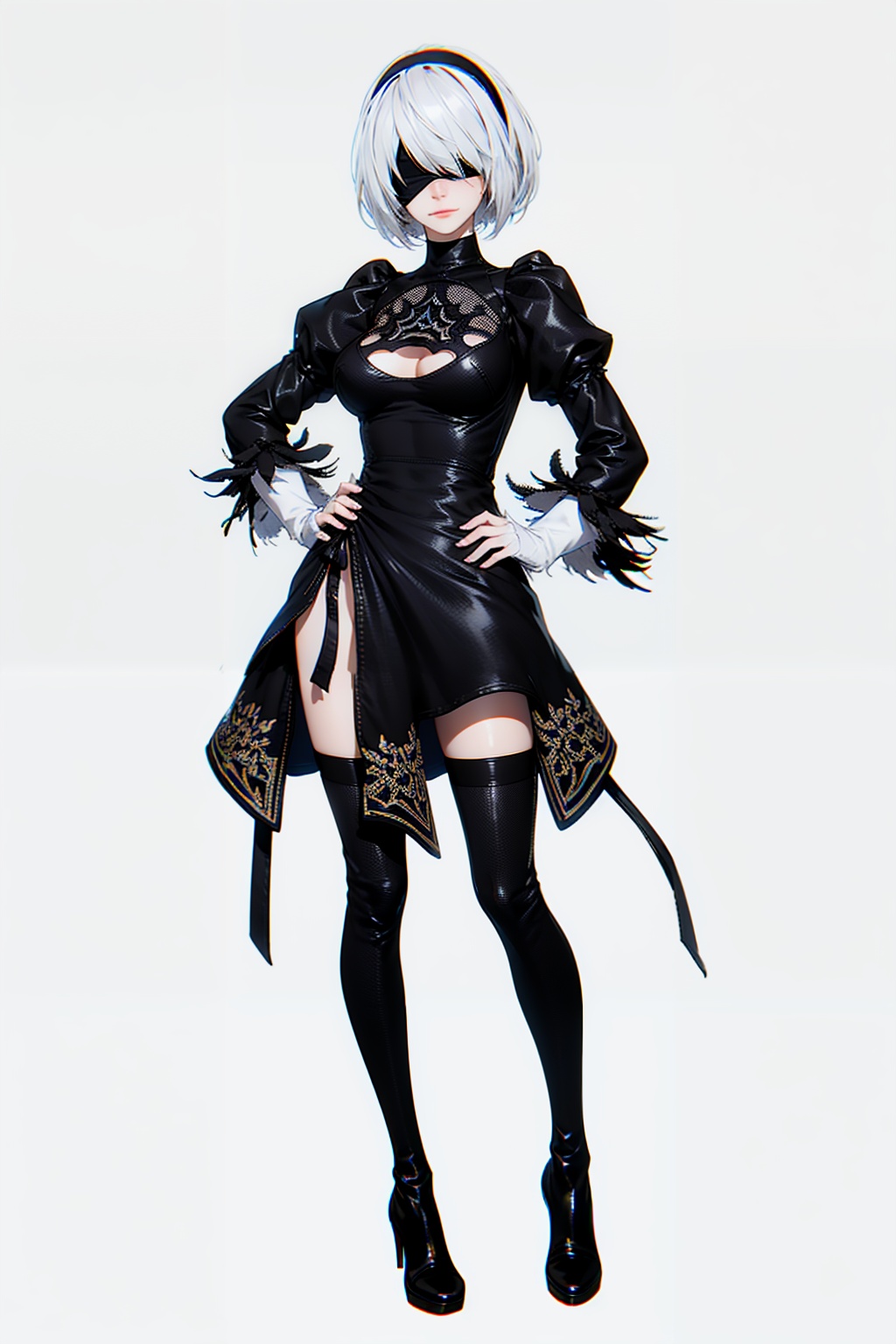 nier2b,standing,1gril,solo,closed mouth,facing viewer,Best quality,masterpiece,ultra high res,white background,large breasts,<lora:nier2b5r-000005:0.75>,black dress,black blindfold,(front view:1.1),(hands on hips:1.1),full body,