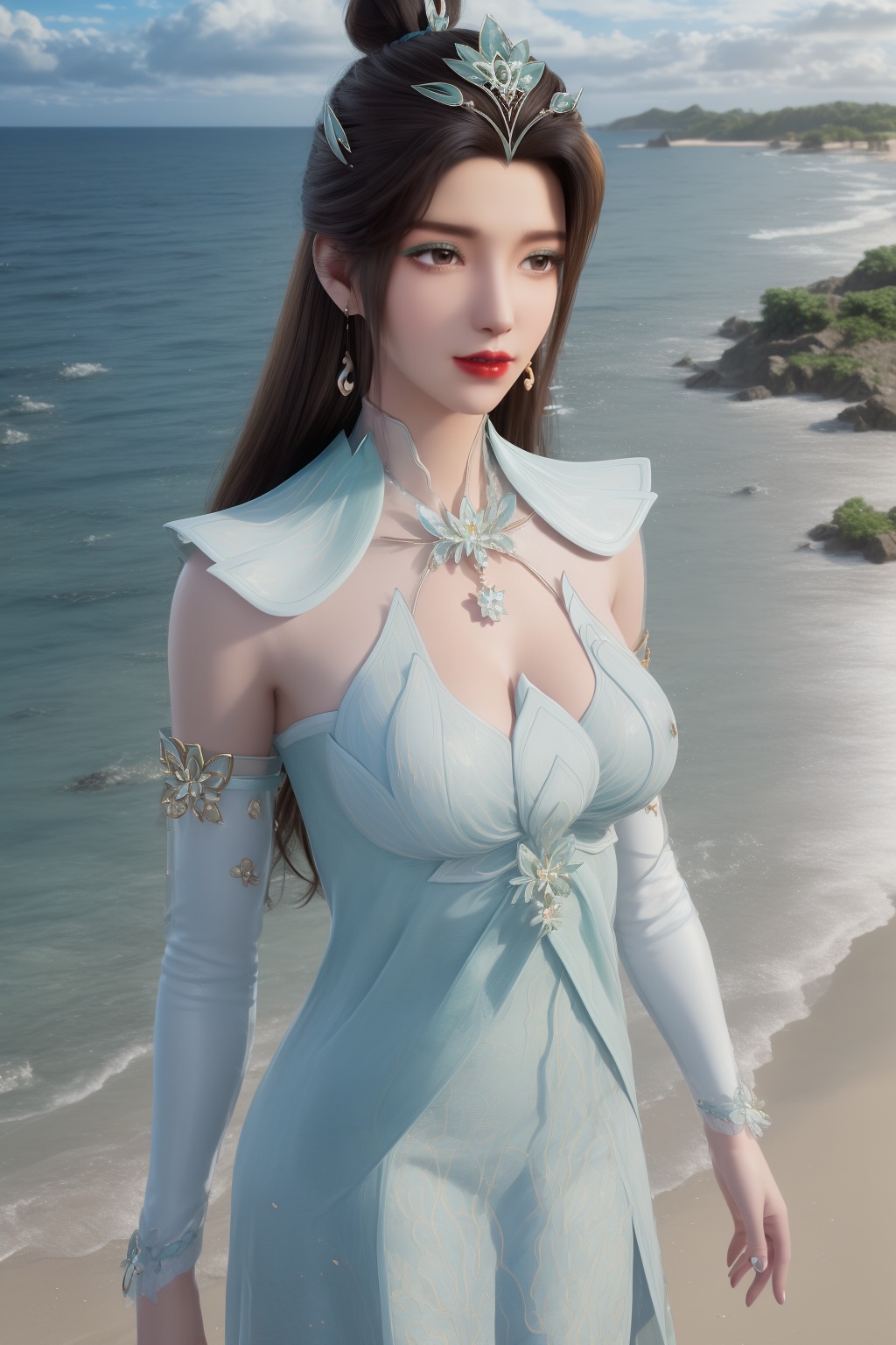 photo_\(medium\),(8k, RAW photo, best_quality),(masterpiece:1.2),(realistic:1.2),(photorealistic:1.3),(ultra-detailed),(extremely_detailed_cg_8k_wallpaper),(crystal_texture_skin:1.3),(shiny:1.2),(shiny_skin:1.4),(extremely_delicate_and_beautiful),shenfengYanRuYu,1girl,solo,dress,clothing cutout,torogao,bouncing breasts,hair bun,detached sleeves,green dress,standing,jewelry,hair ornament,earrings,red lips,necklace,realistic,looking at viewer,summer,beach,sea,sunshine,<lora:shenfengYanRuYu_20240525103110-000005:0.7>,