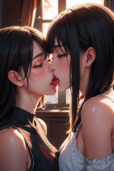 masterpiece, best quality,Ray tracing, hdr, volumetric lighting,2girls, yuri, <lora:FrenchKiss_safe_FefaAIart:0.8> kissing, kiss, tongue kiss