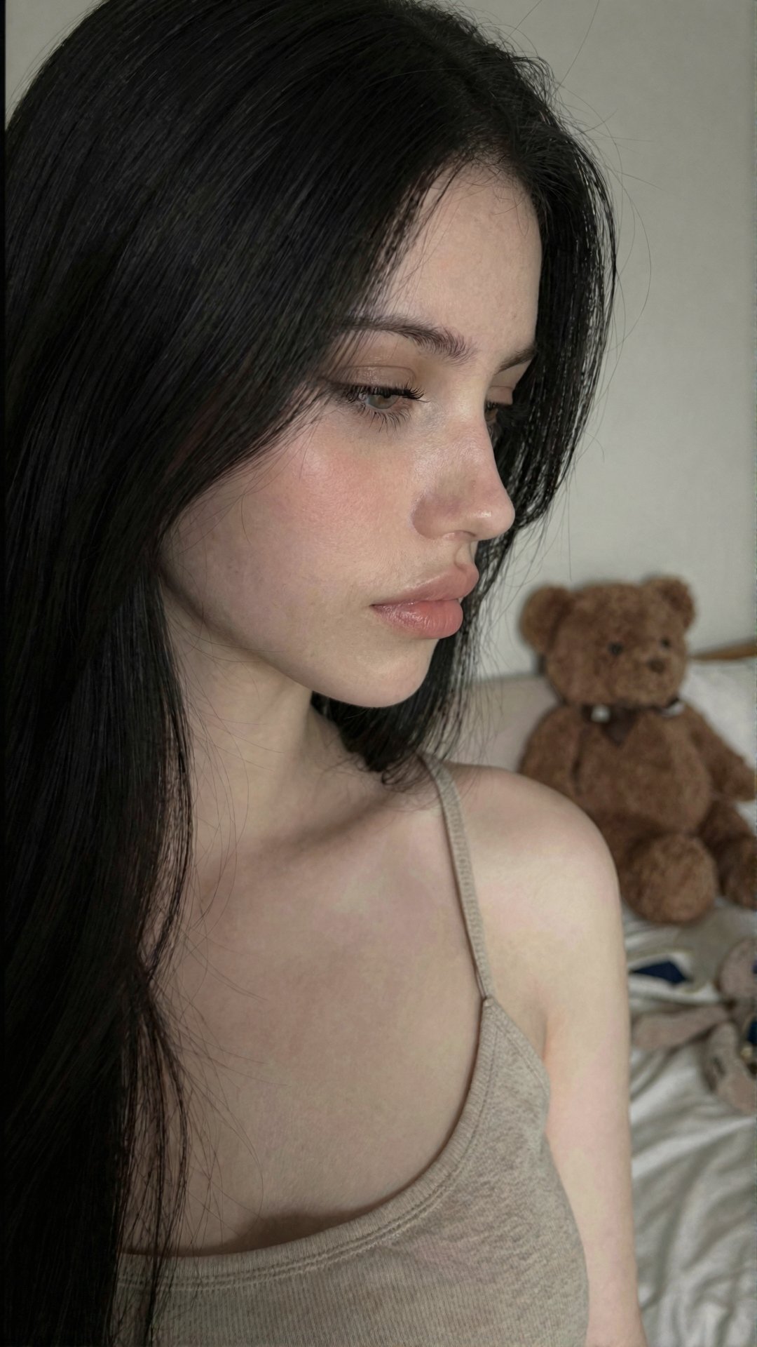 L1n4,  black hairs with long lashes,  slight warm blush on cheeks and nose on Tensor.Art