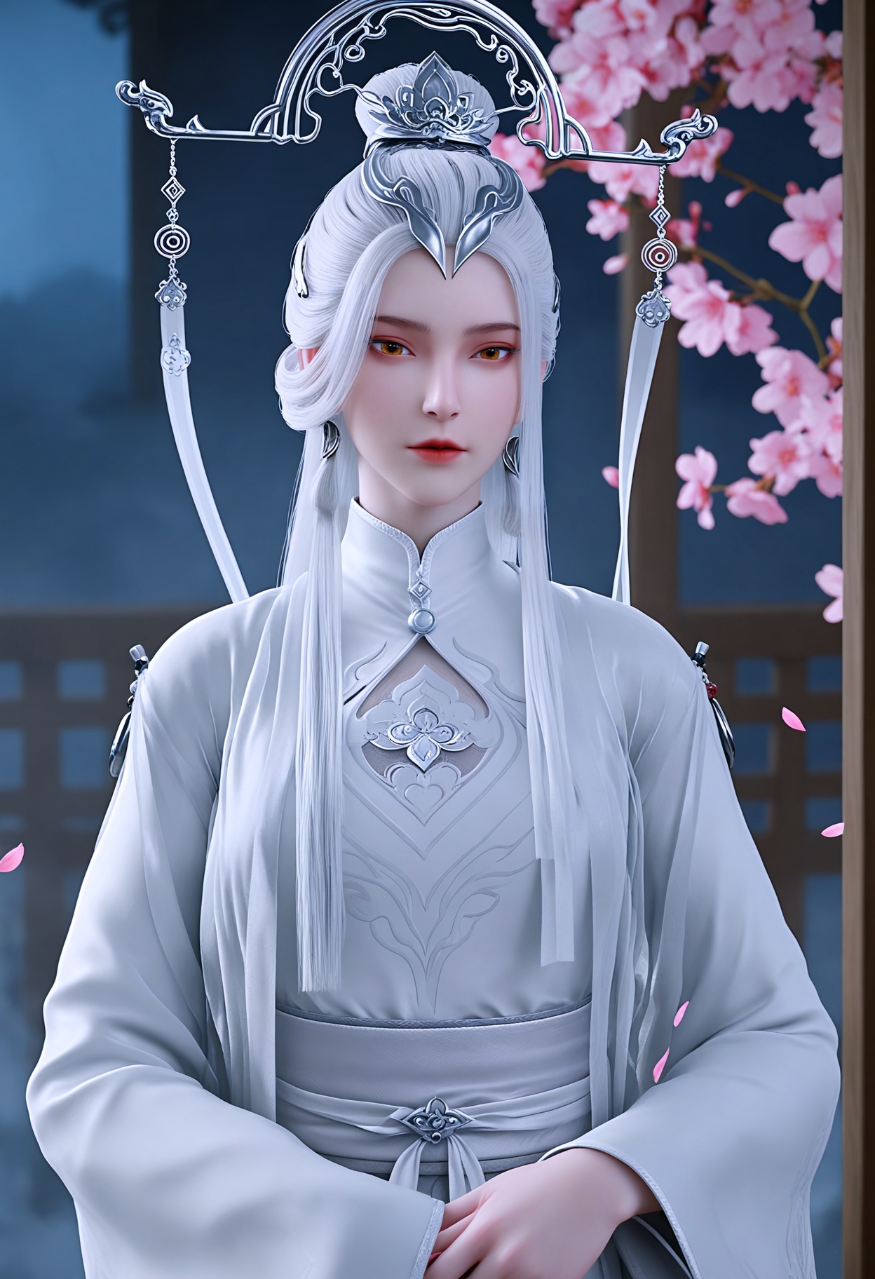 (upper_body:1.3),(looking_at_viewer:1.1),(masterpiece:1.1),(best quality:1.2),(intricate details),(smog:1.3),(Dark room:1.3),(dim lighting:1.3),peach blossom,falling petals,<lora:YQ_Illustrious光辉v5_剑妈_V1:0.8>,q1528437228,solo,1girl,white_hair,long_hair,hair_ornament,dress,jewelry,white_dress,long_sleeves,chinese_clothes,earrings,wide_sleeves,brown_eyes,sash,hair_stick,yellow_eyes,hair_bun,hanfu,robe,blue_eyes,crown,kimono,single_hair_bun,red_eyes,braid,obi,tassel,masterpiece,(best quality),(intricate details:0.9) BREAK (intricate details:0.9),(realistic skin:1.2),masterpiece,best quality,newest,absurdres,hiahres,