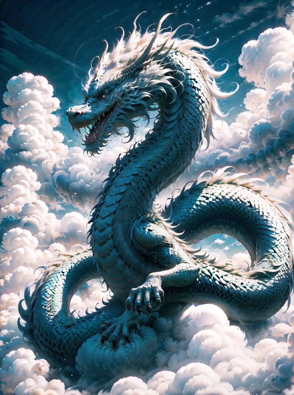no humans,chinese dragon, cloud,  sky, ((masterpiece, best quality)), dream like,magnificent, render, uhd image, best quality, 8k resolution, dynamic pose, uniform body,