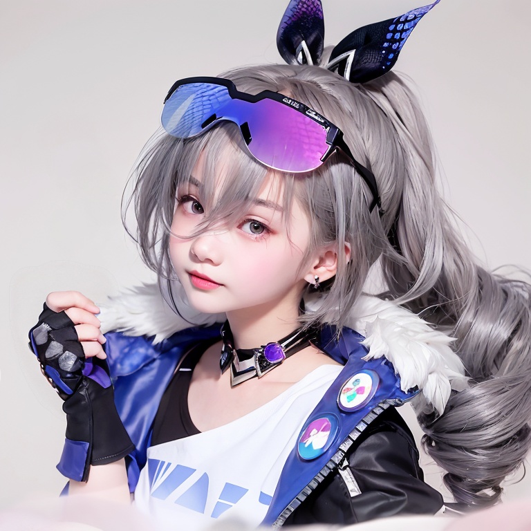 masterpiece, best quality,realistic, (photoshop \(medium\):1.4),18yo, <lora:silverwolf:1>,silver wolf (honkai: star rail),grey hair,smile,black hairclip,badge,1girl, solo, jacket, heart, eyewear on head, drill hair, gloves, looking at viewer, white background, grey eyes, simple background, bronya zaychik, grey hair, long hair, smile, fingerless gloves, black jacket, ponytail, bangs, black gloves, sunglasses,earrings, hair between eyes, fur trim, jewelry, shirt, closed mouth, white shirt, upper body, twin drills, hair ornament, fur-trimmed jacket, choker, tinted eyewear, blush, multicolored hair,white background, 