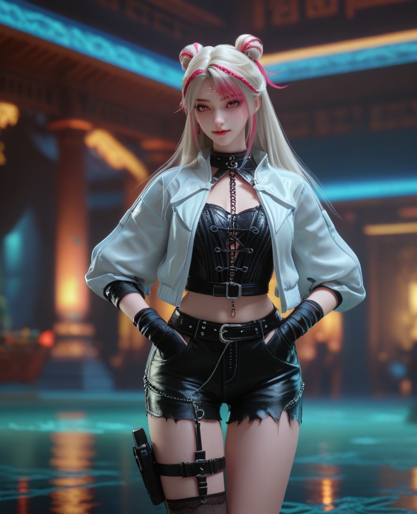 (oriental architecture, elegant decor, sophisticated style:1.1),(hands in pockets:1.1),(breasts:1.2),<lora:XL16克金玩家苏晓晓:0.95>,miss suxiaoxiao,white cropped jacket,black corset,pink eyes,forehead mark,double bun with long cascading hair,white hair,streaked hair,braid,black shorts,black fingerless gloves,thigh strap,single thighhigh,, score_9,score_8_up,score_7_up,score_6_up,score_5_up,score_4_up,3d rendering,tag1,tag2, Cinematic Lighting,backlighting,, zPDXL3, zPDXL2,zPDXL, zPDXLxxx, zPDXLrl,