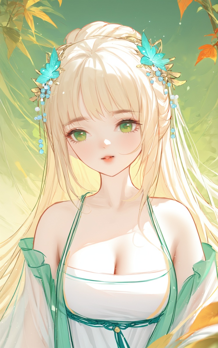 (masterpiece),(best quality),1girl,solo,long hair,green eyes,blonde hair,hair ornament,bare shoulders,hanfu,breasts,dress,chinese clothes,white hair,upper body,leaf,bug,cleavage,white dress,<lora:HT-hans1:1>,