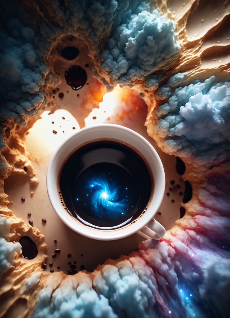 close-up,coffee cup, nebula clouds inside of cup, (((masterpiece))),(best quality),((ultra-detailed)),macro shot,colorful details,natural lighting, amazing composition,subsurface scattering,amazing textures,filmic,soft light,from above