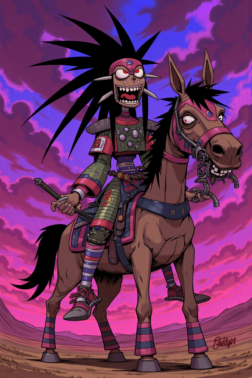 beijihui,A cartoon drawing of a man riding a horse. The horse is brown with a black mane. The man is wearing a red headdress with white accents. He is holding a sword in his right hand. His mouth is open wide and his teeth are sharp. His eyes are a bright red. The background is a vibrant pink and purple hue.
