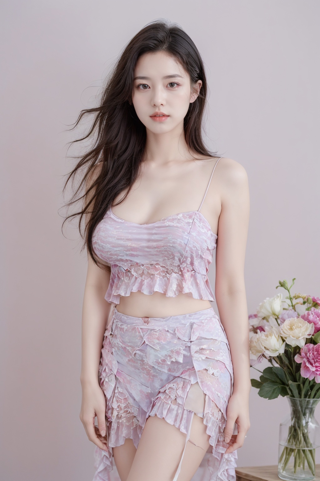 Realistic,(masterpiece:1.2),best quality,8K,HDR,RAW,1girl,((solo)),(Simple background, vase,Film lighting),(Black hair,delicate girl),large breasts,standing,Behind the hands,(Looking at the audience),<lora:add_detail:0.6>,<lora:GoodHands-beta2:1>,<lora:ENNE 吊带短裙_v3_09:1>,skirt,suspenders,