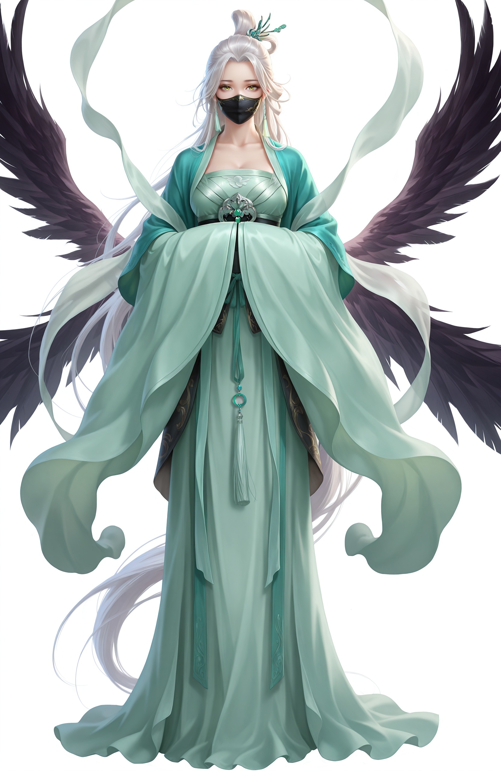 masterpiece,best quality,amazing quality,<lora:guf-ill-000008:0.9>,long hair,solo,shawl,hanfu,mask,full body,white hair,hair rings,very long hair,hagoromo,simple background,looking at viewer,wide sleeves,jewelry,hair ornament,tassel,long sleeves,chinese clothes,mouth mask,white background,sleeves past wrists,feathers,yellow eyes,black wings,standing,sleeves past fingers,1girl,ribbon,covered mouth,