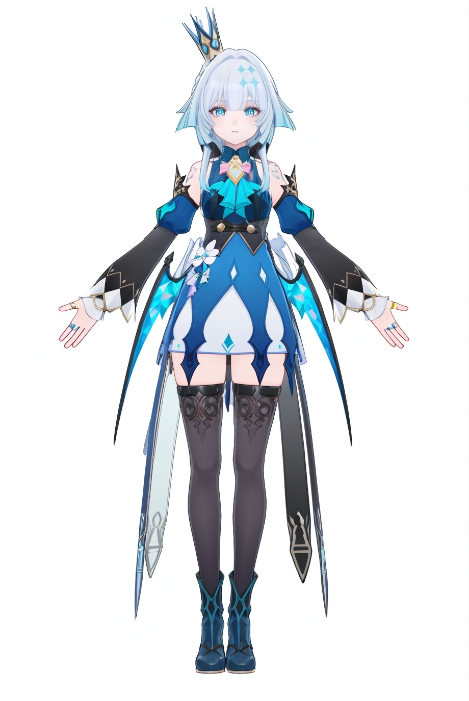 8k,best quality,masterpiece,(ultra-detailed),(high detailed skin),(by nanoless, by misumi \(macaroni\),:0.5),A full-body portrait of a young girl,standing gracefully,pastel art style,high-key lighting,shoujo manga influence,hd quality,delicate details,full body,full shot,standing,looking at viewer,(solo:1.2),simple background,(white background:1.2),<lora:Cerydra-Hysilens-sd-Tanger:0.8>,Cerydra \(Honkai: Star Rail\),clothes: Cerydradef blue-and-black dress,Cerydradef crown,Cerydradef  blue low wings,1girl,blue hair,Cerydradef detached sleeves,blue eyes,multicolored hair,Cerydradef single black thighhigh,single right thighhigh,left thigh strap,
