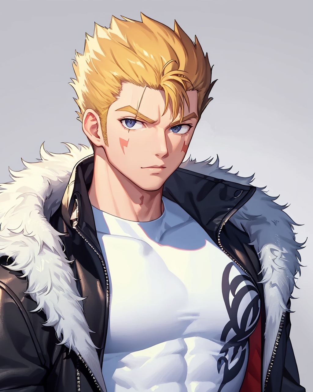 masterpiece,best quality, highly detailed, laxus dreyar,1boy, solo, muscular male, bara, looking at viewer, upper body, covered abs, large pectorals, sleeveless, jacket on shoulders, facial mark, taut shirt, long sideburns, fur trim,<lora:laxus_dreyar:1>