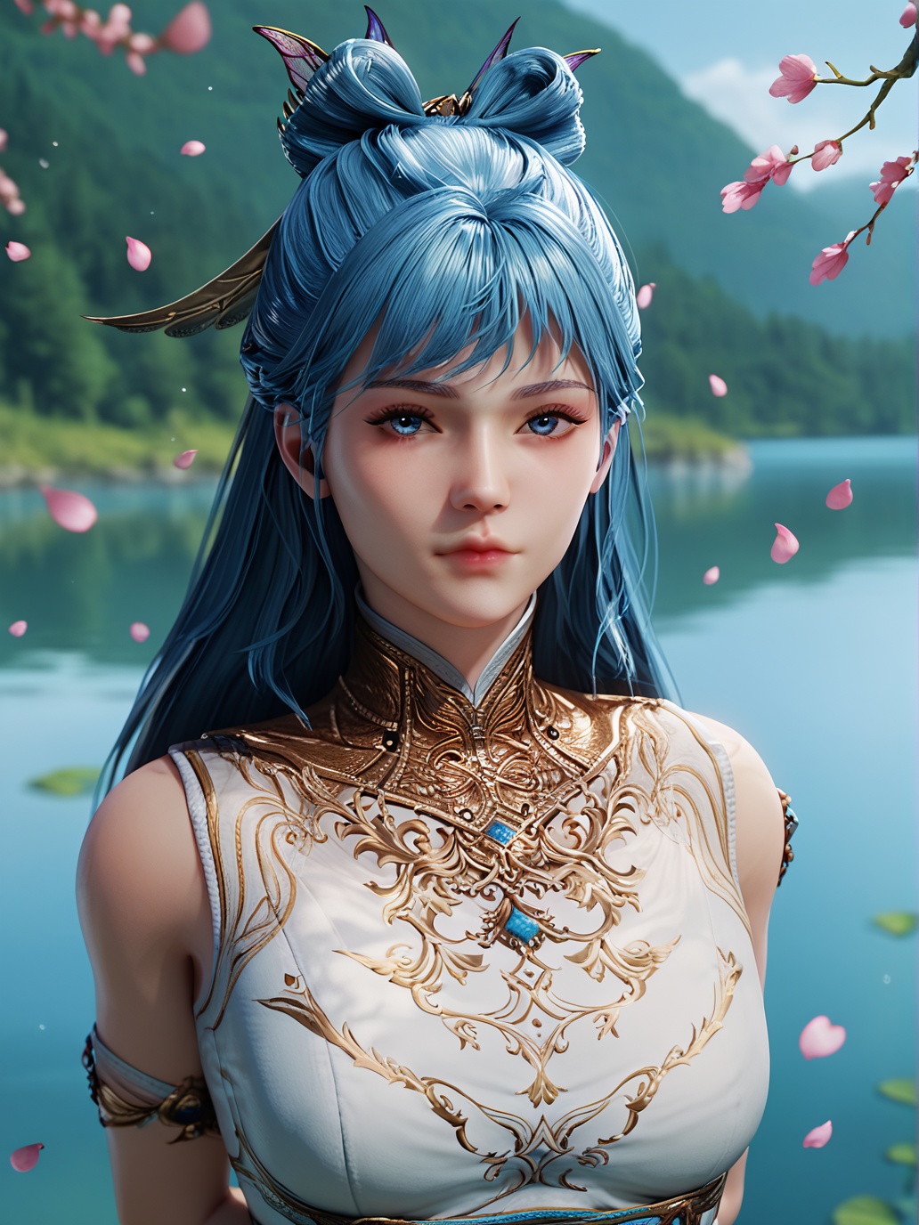 score_9,score_8_up,score_7_up,source_3d,rating_safe,portrait,<lora:wd-000008:0.8>,wangdong,1girl,solo,closed mouth,hair rings,hair ornament,jewelry,high collar dress,arms behind back,looking at viewer,outdoors,day,nature,lake,falling petals,blurry background,