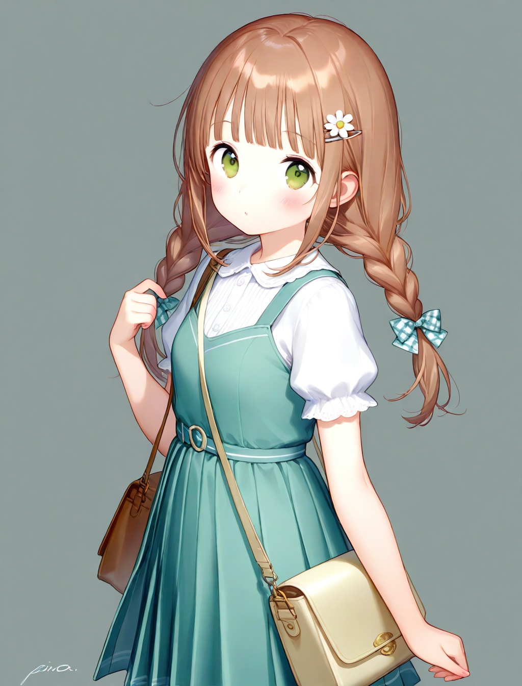 1girl, solo, braid, hair ornament, twin braids, blush, long hair, white shirt, hairclip, plaid bow, shirt, bow, dress, flower, bag, pinafore dress, short sleeves, simple background, brown hair, hair bow, white flower, looking at viewer, sleeveless dress, signature, green dress, shoulder bag, brown eyes, pleated dress, hair flower, sidelocks, sleeveless, plaid, grey background, white background, green eyes, puffy sleeves, blunt bangs