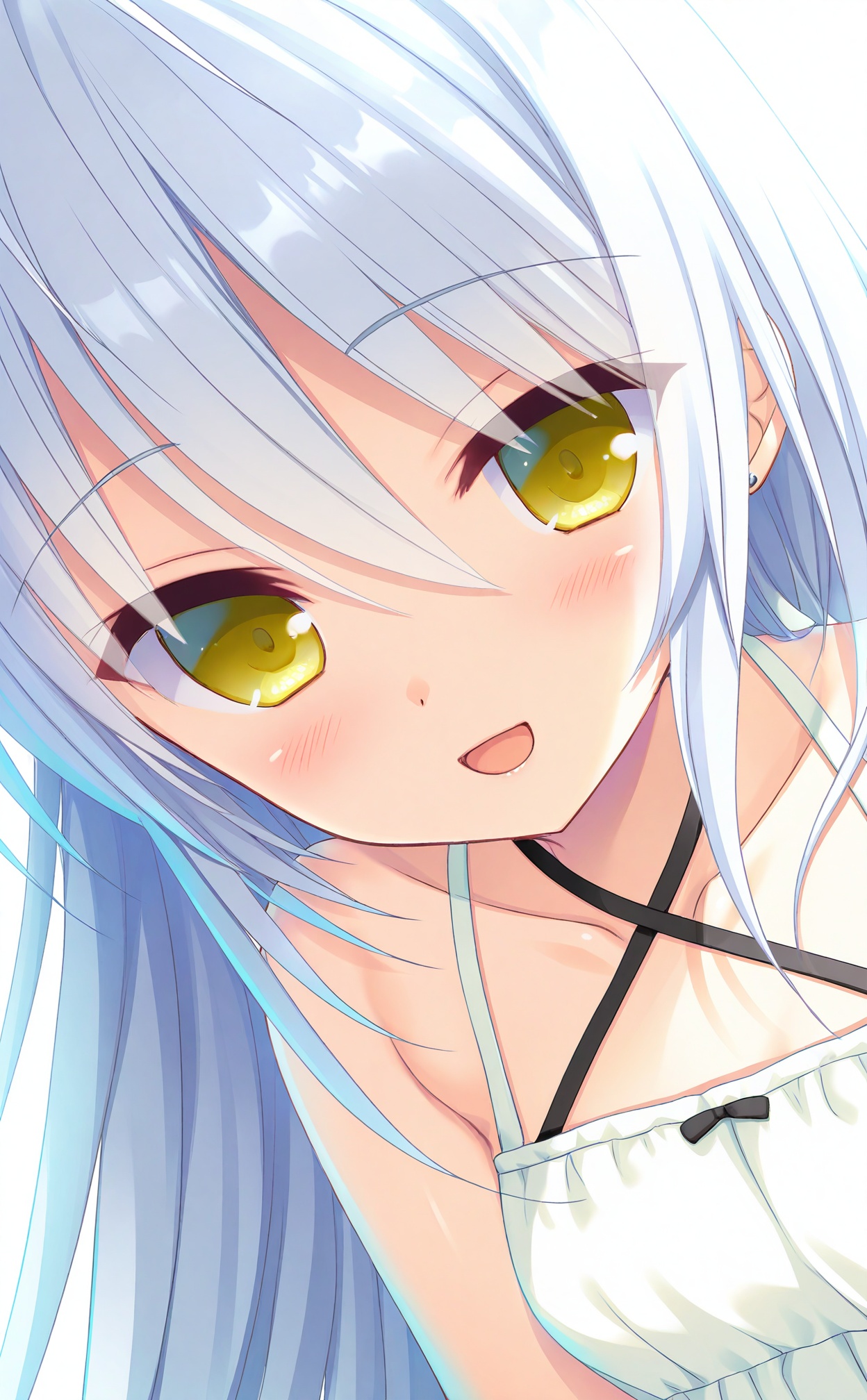 masterpiece,highres,absurdres,newest,best quality,loli,petite,high quality,chromatic_aberration,//,umino_miyako, 1girl, solo, long_hair, smile, yellow_eyes, open_mouth, looking_at_viewer, white_hair, collarbone, hair_between_eyes, white_dress, dress, :d, halterneck, white_background, upper_body, sleeveless, bare_shoulders, straight_hair, simple_background, eyes_visible_through_hair, breasts, portrait//,<lora:umino_miyako——【noob】hans:1>,
