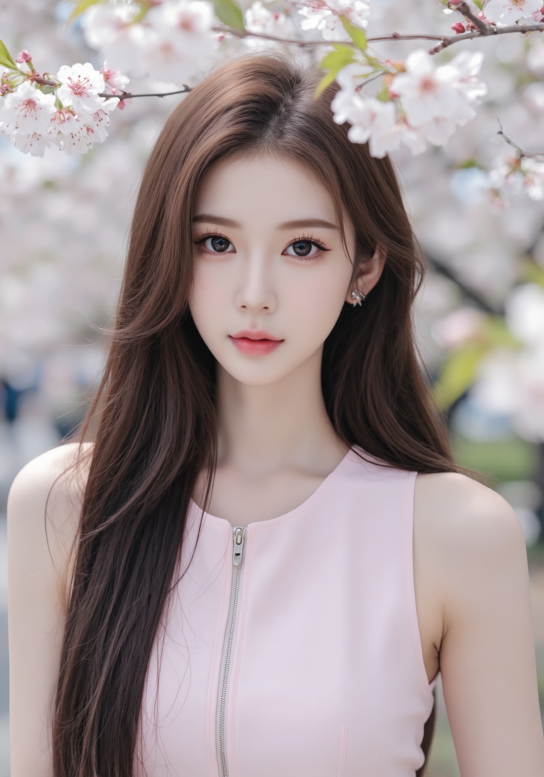 This is a high-resolution photograph featuring a young woman with long,straight,dark brown hair cascading down her back. She has a fair complexion,large,almond-shaped eyes with a subtle,natural makeup look,and full,pink lips. Her expression is neutral,with a hint of calmness. She is wearing a light pink,sleeveless top with a zipper down the front,which adds a modern and chic touch to her appearance. The background is softly blurred,featuring a natural setting with cherry blossoms in full bloom,creating a serene and ethereal atmosphere. The pink and white flowers frame her face,adding a delicate and dreamy touch to the image. The overall color palette is soft and gentle,with the pink of her top and the white and green of the blossoms complementing each other. The photograph captures a moment of tranquility and beauty,emphasizing the delicate balance between nature and human form.,<lora:3e752b:0.75>,