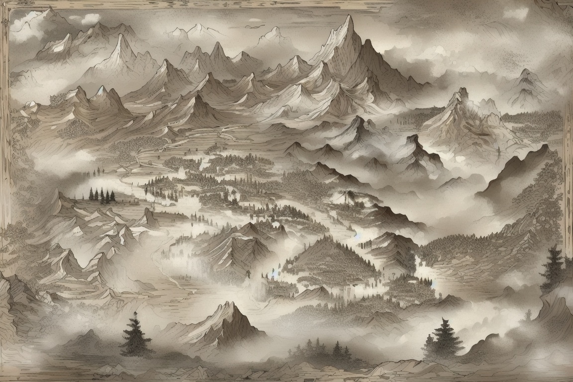 ((HRD, HUD, 8K)),((masterpiece, best quality)), highly detailed,GameMap, tree, forest, nature, monochrome, mountain, house, scenery, sepia, <lora:20240804-1722731669108:0.8>