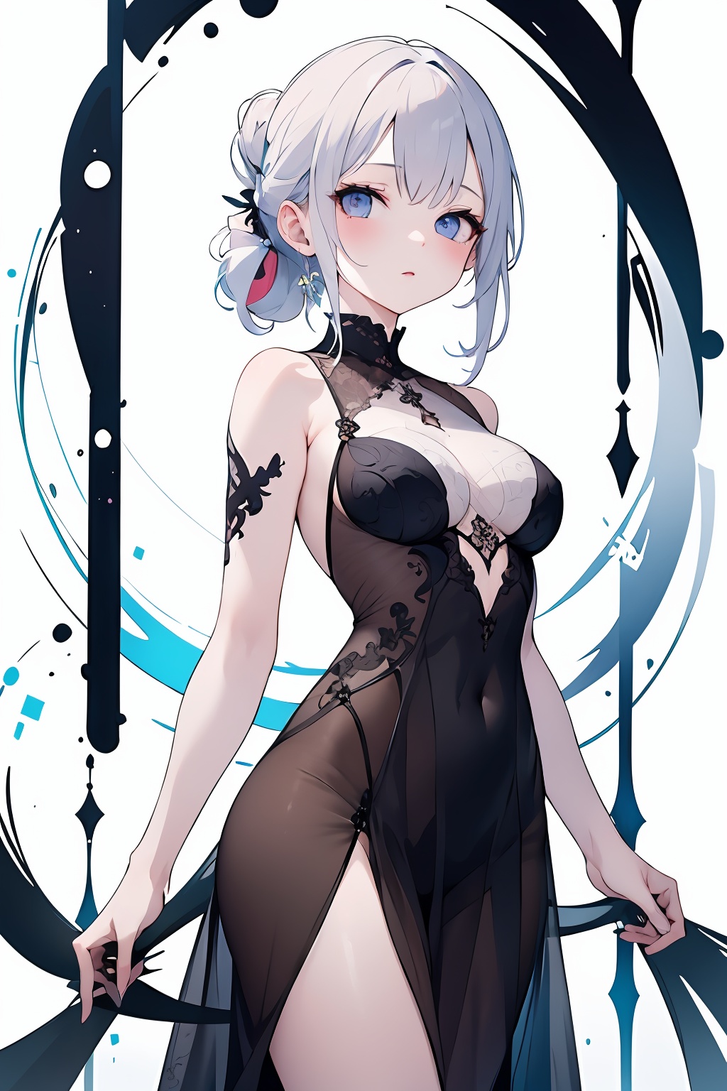 (masterpiece:1.2),extremely high quality,1girl,solo,medium breasts,pleated_dress,looking at viewer,bare shoulders,standing,cowboy shot,hair bun,white background,simple background,<lora:lbc_shaxian_dress:0.8>,