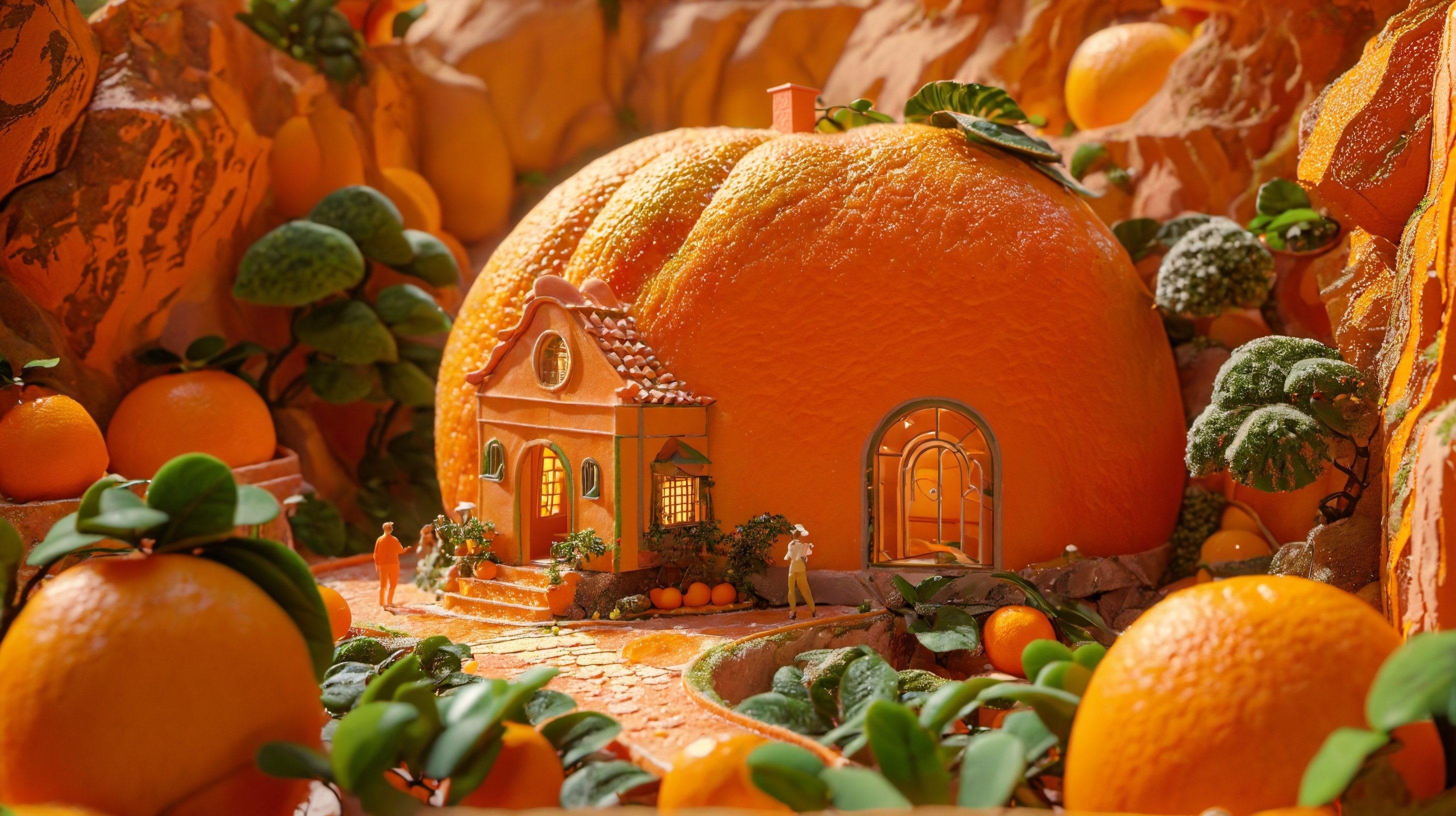 <lora:鼻涕泡_微缩王国_V1.0:1>,highly detailed,ultra-high resolutions,32K UHD,best quality,masterpiece,tao,chi,fruit,blurry,scenery,food,outdoors,A whimsical scene depicts a giant orange house with a leafy roof,situated amidst rocky terrain,with a tiny human figure standing nearby.,