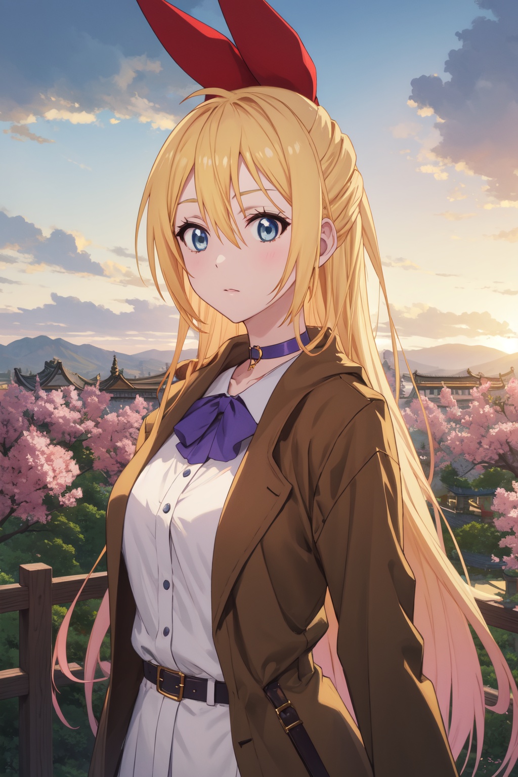 <lora:Chitoge-000008:0.8>,Chitoge CYQL,1girl,looking at viewer,solo,long hair,blonde hair,hair between eyes,ribbon,hair ribbon,red ribbon,hair bow,blue eyes,choker,Faux leather trench coat with statement-making oversized lapels,smile,upper_body,Lavender, Hills, Purple blooms, Fragrance, Bees, Farmhouse, Sunset,(Lavender rows, Purple blooms, Summer sunshine, Fragrant air, Lavender harvest, English countryside:0.5),beautiful detailed sky,beautiful detailed glow,posing in front of a colorful and dynamic background,masterpiece,best quality,beautiful and aesthetic,contrapposto,female focus,wallpaper,