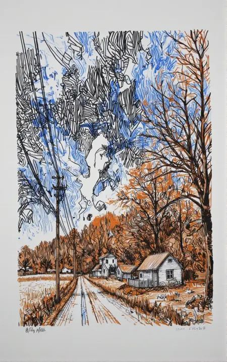 Mategake art style: a dynamic,  sketch-like illustration featuring a rural road stretching into the distance under a drama...