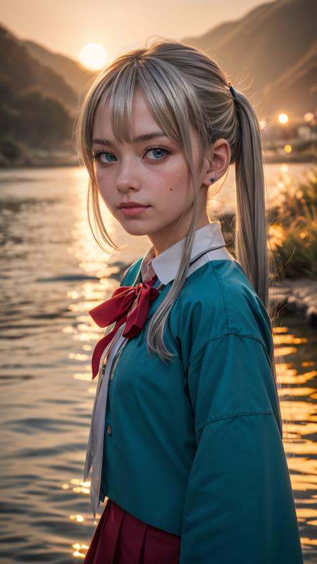 raw photo,  (Hatsune Miku),  very long turquoise pigtails and a school uniform-like outfit. She has teal eyes and very lon...