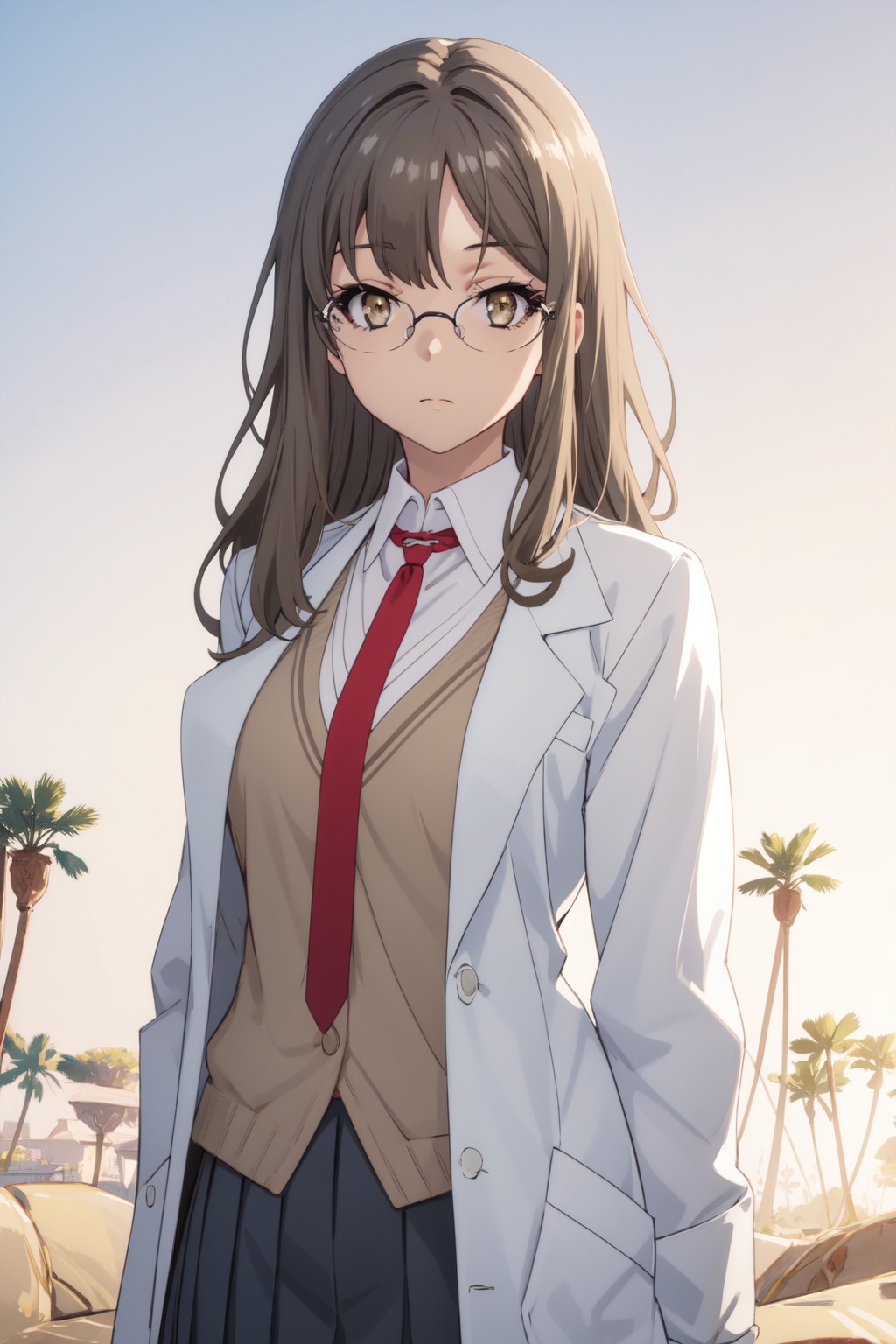 <lora:Rio-000014:0.8>,Rio CYQL,1girl,looking at viewer,solo,brown_hair,long_hair,bangs,brown_eyes,glasses,rimless_eyewear,labcoat,school_uniform,shirt,necktie,skirt,vest,giggling,full_shot,Oasis, Sand dunes, Palm trees, Water, Camel, Heat, Mirage,(California poppies, Spring blooms, Poppy field, Vibrant colors, Springtime explosion, California landscape:0.5),beautiful detailed sky,beautiful detailed glow,posing in front of a colorful and dynamic background,masterpiece,best quality,beautiful and aesthetic,contrapposto,female focus,wallpaper,