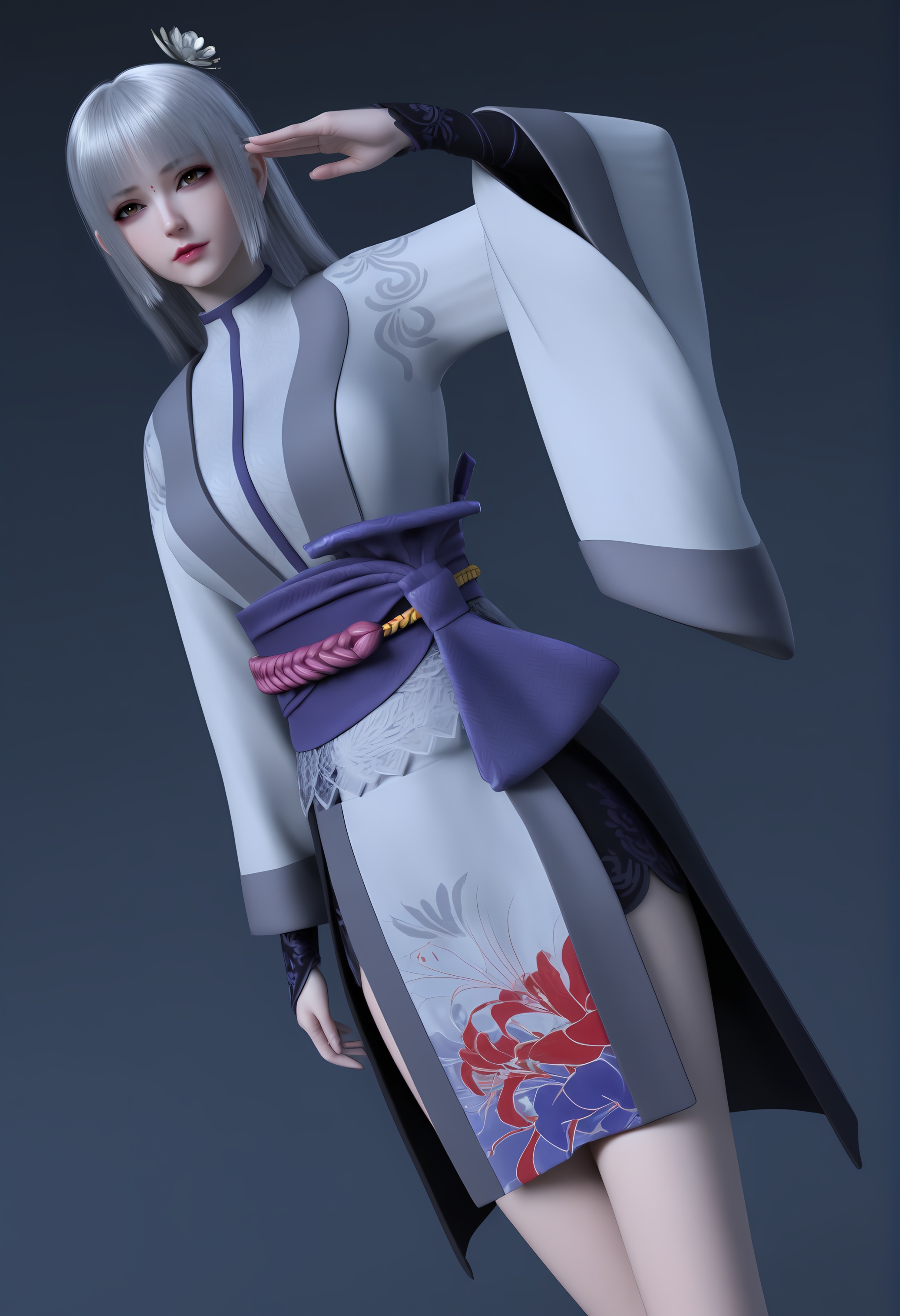 (score_9),dutch angle,cowboy shot,standing,<lora:苏红息-apony:0.83>,shuxihong,1girl,solo,red dot,long hair,silver hair,hair ornament,hair flower,bangs,single_flower,kimono,sash,short kimono,obi,bandages,floral print,legs,mature_female,BREAK<lora:Expressive_H-000001:0.8>,light blush,Expressiveh,from above,salute,one side up,<lora:e肤色滑块:0.25>,fair_skin,(pale skin),<lora:e色温:0.25>,ultra-detailed skin texture,detailed textures,<lora:皮肤凹痕:1.5>,<lora:RealisticSkinv1_ponyv6_loraplus:0.35>,real skin,BREAKsimple background,black background,4K ultra HD,sharp focus,high detail,high contrast,