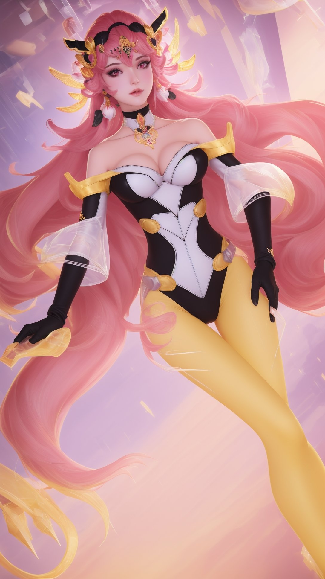 (1girl),smooth chin,masterpiece,detailed face,((hair ornament:1.6)),top quality,4k,make up,best quality,(detached sleeves),(medium breasts),blush,body blush,<lora:王者虞姬无限倾慕_v1.0:0.9>,(full body,long legs),black gloves,full bvody highleg leotard,yellow pants,white see-through sleeves,white mixed black edge clothes,(white bra),pink eyes,bare shoulders,headgear,