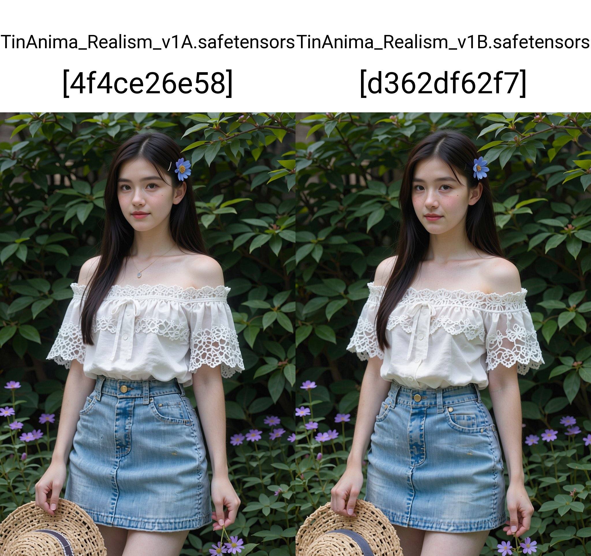 A photograph of an Asian woman with fair skin and long,  straight black hair adorned with a blue flower clip. She wears a...