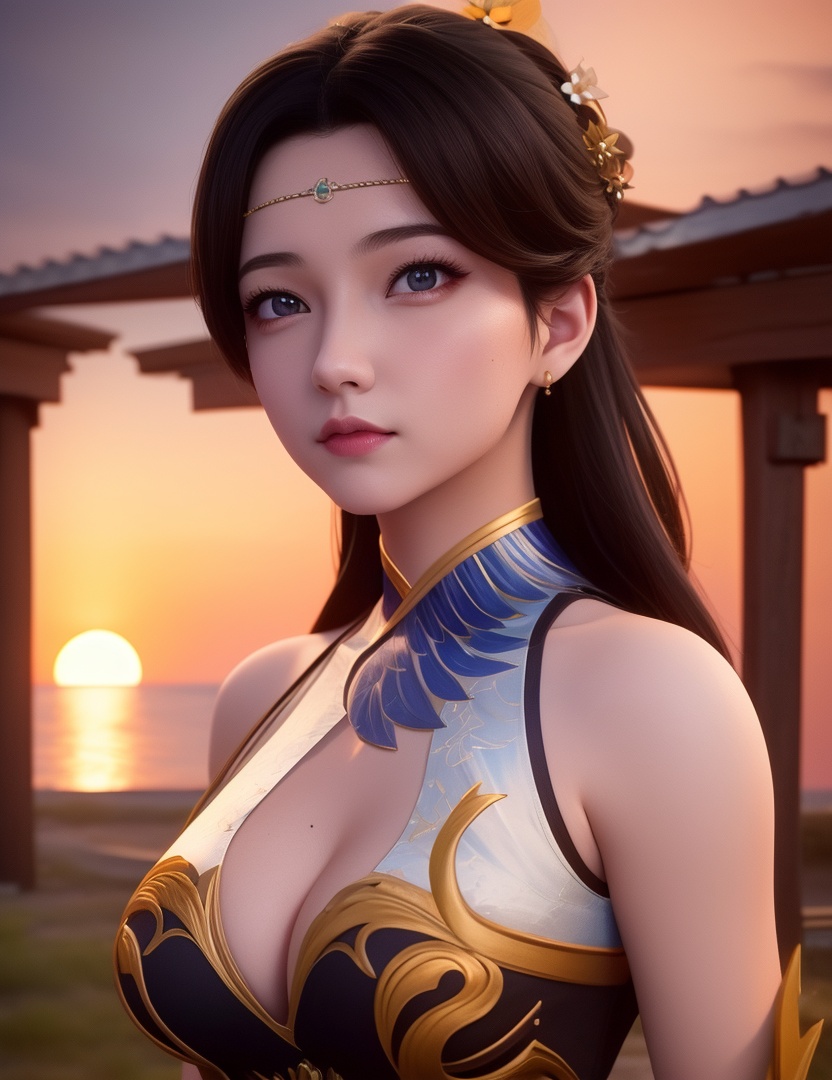 <lora:514-DA-万古狂帝-柳妃:0.8>(,1girl, ,best quality, ),looking at viewer,masterpiece, (( , )),, realistic,science fiction,mole, ultra realistic 8k cg, , sun,sunset, (cleavage), (),
