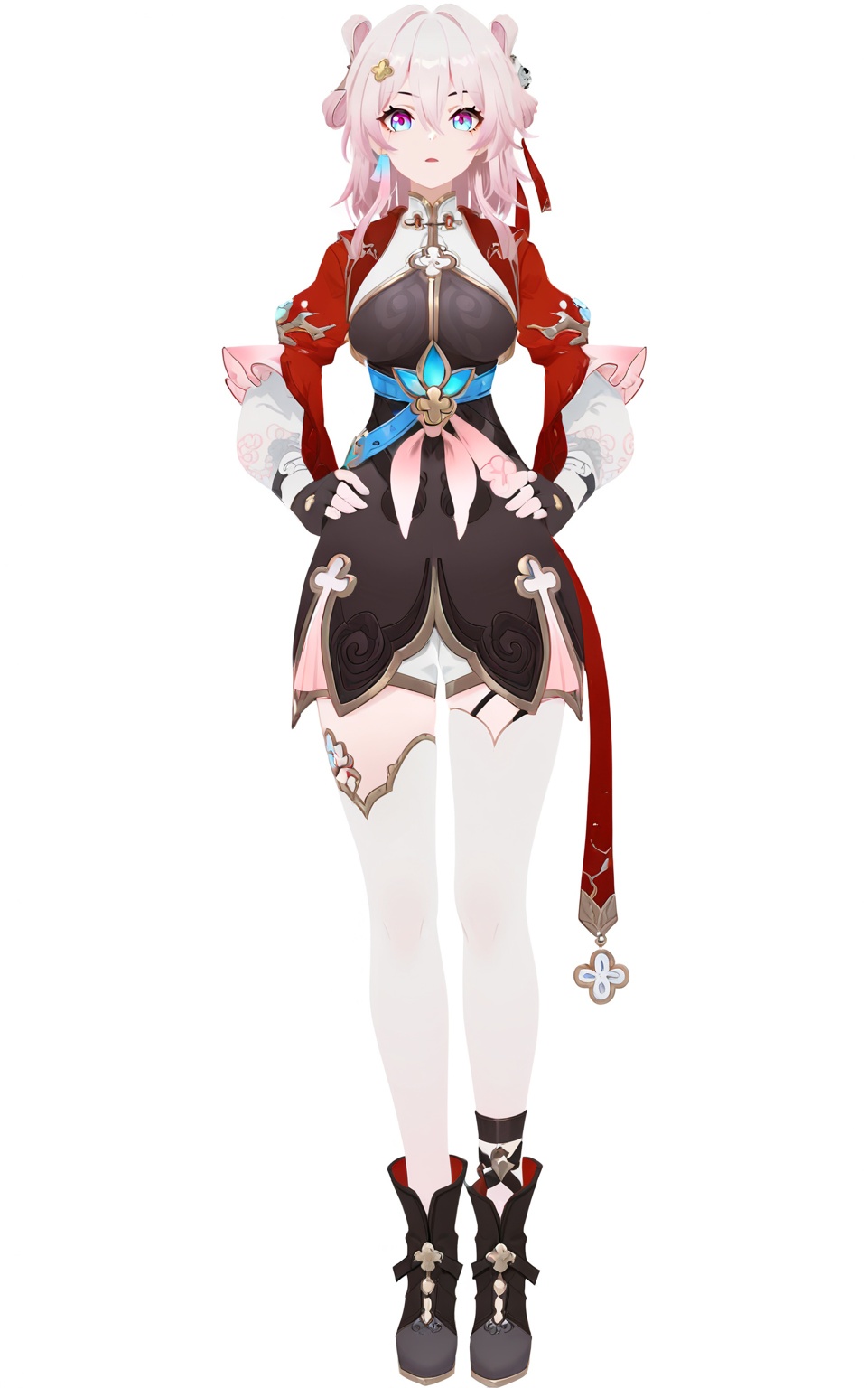 8k, best quality, masterpiece, (ultra-detailed), (high detailed skin), (white background:1.3), (full body:1.25), (white background), standing, looking at viewer, (solo:1.3), hands on hips, <lora:March7-artiwaifu-Tanger:0.8>, sanyueqi, 3rd clothes, chinese clothes, 1girl, fingerless gloves, multicolored eyes, breasts, black gloves, white thighhighs, (beautiful_face), ((intricate_detail)), clear face, ((finely_detailed)), fine_fabric_emphasis, ((glossy)), full_shot, 