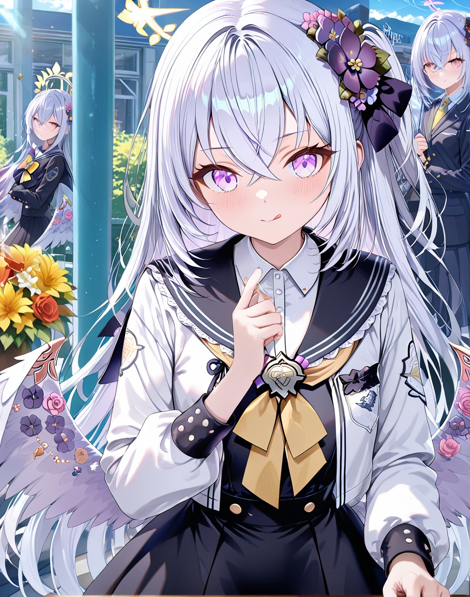 azusa (blue archive),jw,Torino,Noyu,0,azusa (blue archive),multiple girls,2girls,flower,halo,hair flower,wings,hair ornament,tongue out,tongue,long hair,blush,looking at viewer,hair between eyes,school uniform,white hair,crossed bangs,dress,jacket,bangs,purple eyes,purple flower,:p,sailor collar,black dress,long sleeves,white jacket,solo focus,low wings,(UHD),anatomically correct,ccurate,textured skin,super detail,high details,award winning,best quality,high quality,retina,16k,HD,1080P,8k,