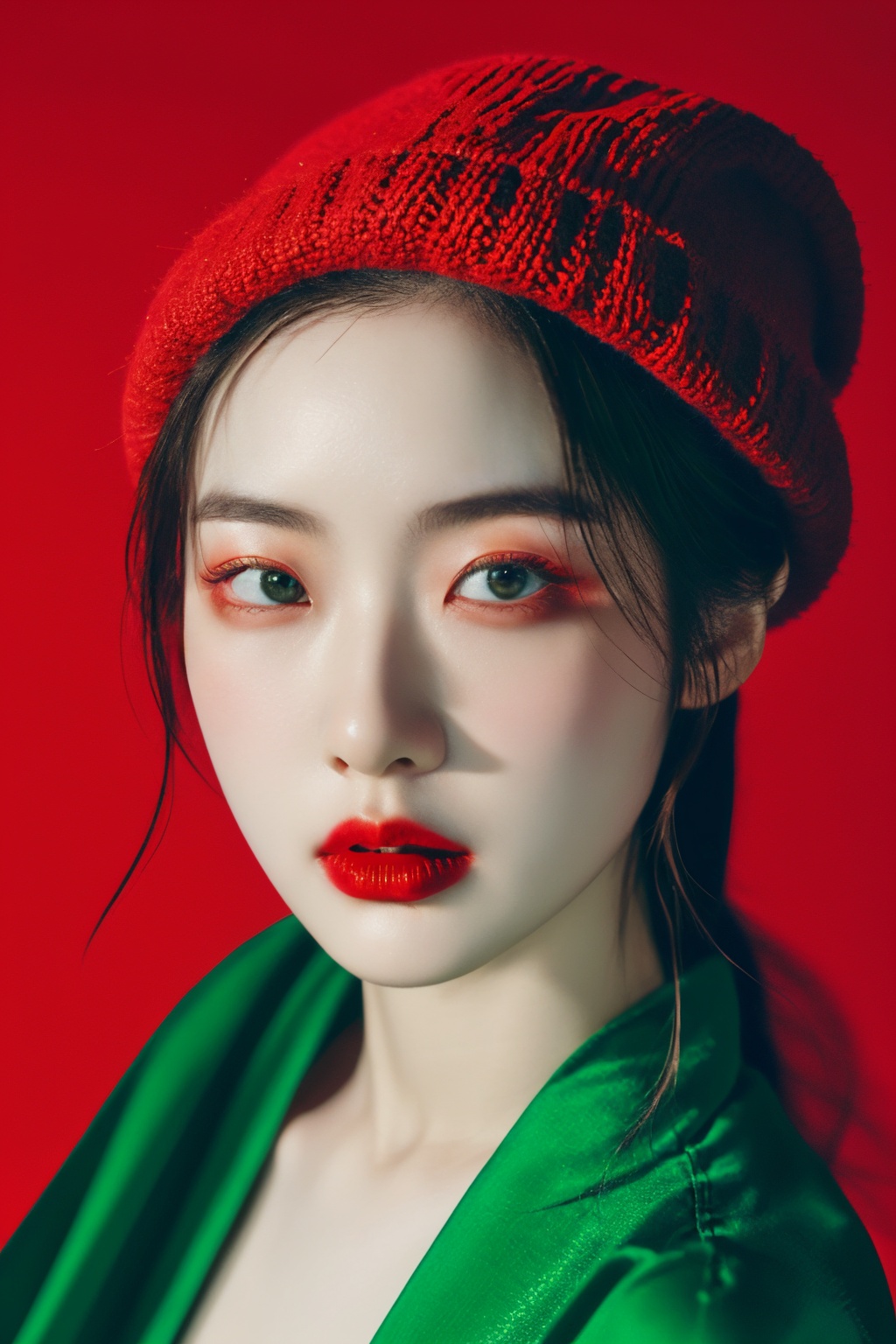 red background,hanfu,portrait,surrealistic,a woman with red lipstick and a red hat on her head and a green background with a red background,blurry,depth_of_field,1girl,blurry_foreground,solo,blurry_background,red_headwear,realistic,looking_at_viewer,lips,
