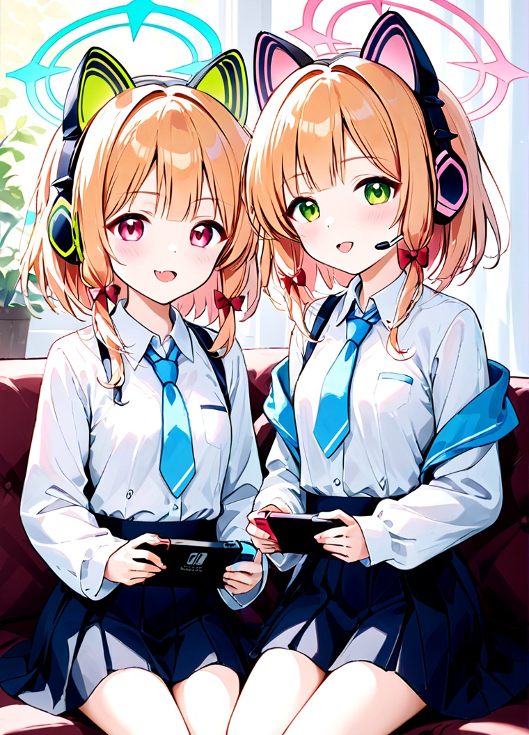 multiple girls,2girls,momoi (blue archive),midori (blue archive),blonde hair,tongue,green eyes,tongue out,animal ears,animal ear headphones,headphones,necktie,cat ear headphones,twins,halo,fake animal ears,siblings,sisters,bow,shirt,blue necktie,hair bow,jacket,blush,:p,short hair,nintendo switch,school uniform,white shirt,playing games,pink eyes,sitting,collared shirt,red eyes,couch,red bow,holding,