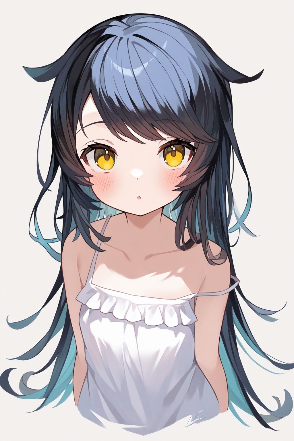 1girl, solo, white background, simple background, long hair, cropped torso, white dress, parted lips, dress, upper body, signature, looking at viewer, collarbone, blush, strap slip, bare shoulders, sleeveless dress, :o, sleeveless, swept bangs, blue hair, brown eyes, very long hair, black hair, bare arms, yellow eyes, frills