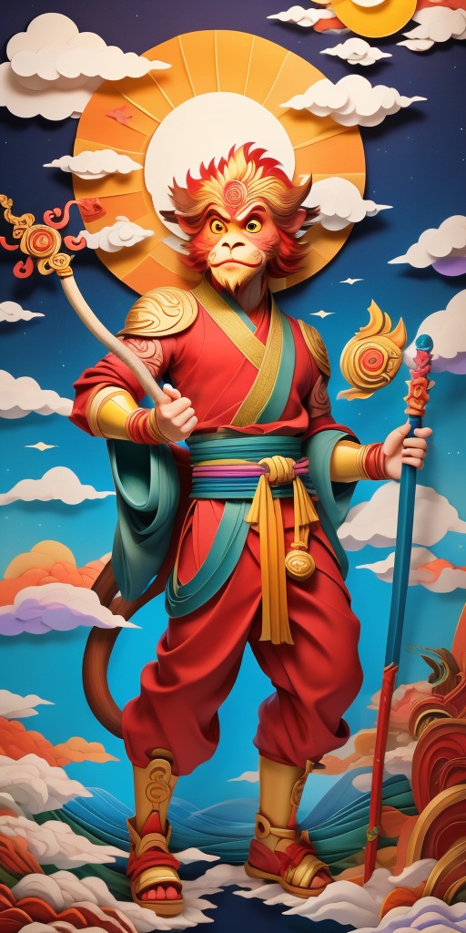 Sun Wukong holds the Ruyi Golden Hoop Stick treading a multicolored cloudLayered paper 