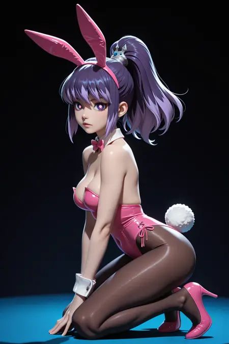 1girl,absurdres,animal_ears,breasts,bright_pupils,covered_navel,detached_collar,fake_animal_ears,fake_tail,high_heels,high_ponytail,highres,hyakkihime,kmnk_\(kumanuko\),leotard,long_hair,medium_breasts,multicolored_hair,pantyhose,pink_leotard,playboy_bunny,ponytail,purple_eyes,purple_hair,rabbit_ears,rabbit_tail,solo,strapless,strapless_leotard,tail,two-tone_hair,white_pupils,youkai_watch