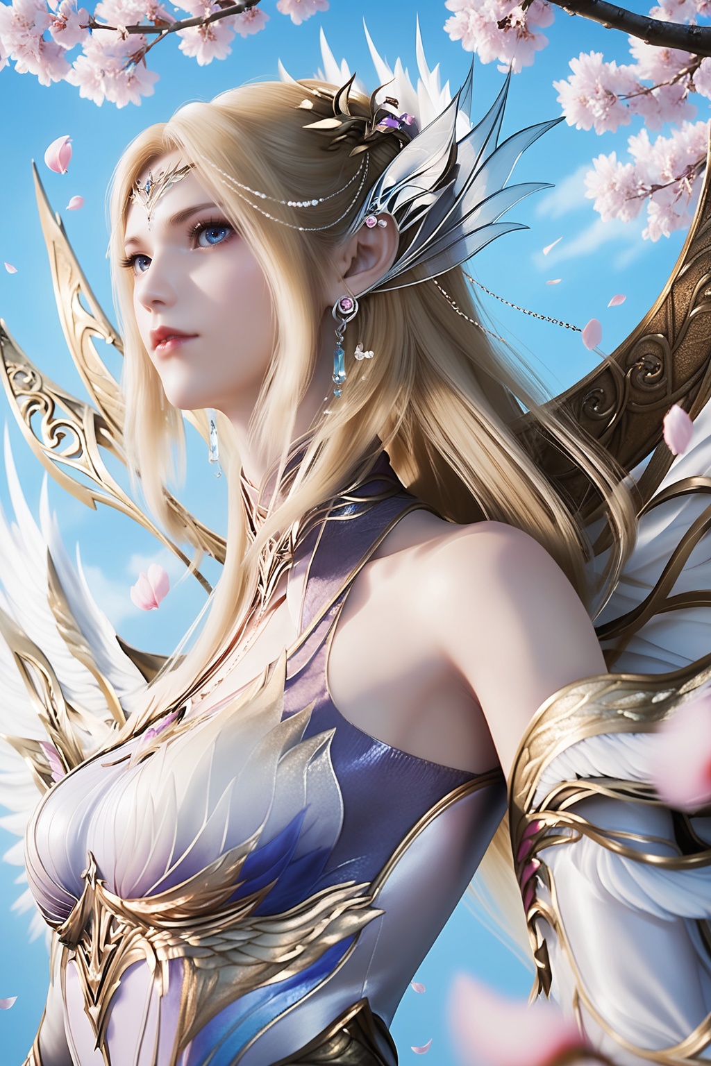 1girl,solo,upper body,flower,dress,sky,earrings,hair ornament,blue sky,long hair,jewelry,petals,looking at viewer,cherry blossoms,branch,falling petals,medium breasts,<lora:wy_qianrenxue_XL1.0:0.8>,blonde hair,angel,white_dress,light blue eyes,, score_9,score_8_up,score_7_up,score_6_up,score_5_up,score_4_up,