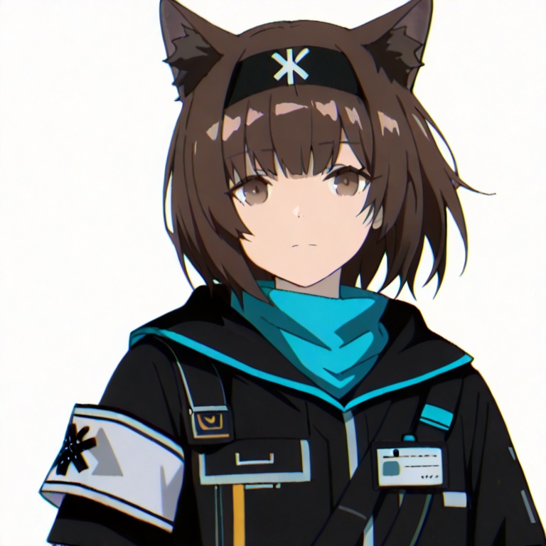 masterpiece, best quality,solo,(white background:1.2),simple background,looking at viewer,    anime_style,Medic/(arknights),brown hair,short hair,brown eyes,bangs,cat ears,animal ears,hairband, black headwear,neckerchief, black headband,uniform,clothes writing, jacket,logo,armband,<lora:罗德岛npc-Medic-ILL:0.8>