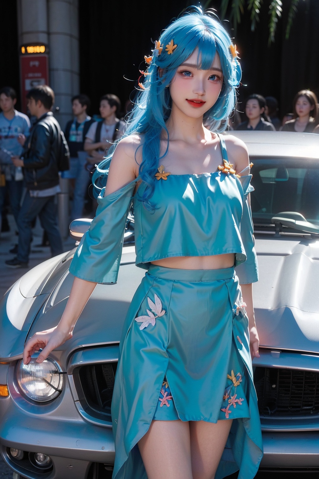 Best quality, masterpiece, ultra high res, (photorealistic:1.4), raw photo,a girl,thigh，masterpiece, ( huge evil)，best quality, highres, videl2, solo,skirt, bangs, blue eyes, long hair, hair ornament, 1girl, bangs, lips, long_hair, long_sleeves, skirt, smile, solo, tassel, traditional_media, white_hair, wide_sleeves,,Blue hair,Blue Wave Clothes  <lora:朵莉亚_2023-08-02_224701:0.9>,(Standing in front of the car:1.5)