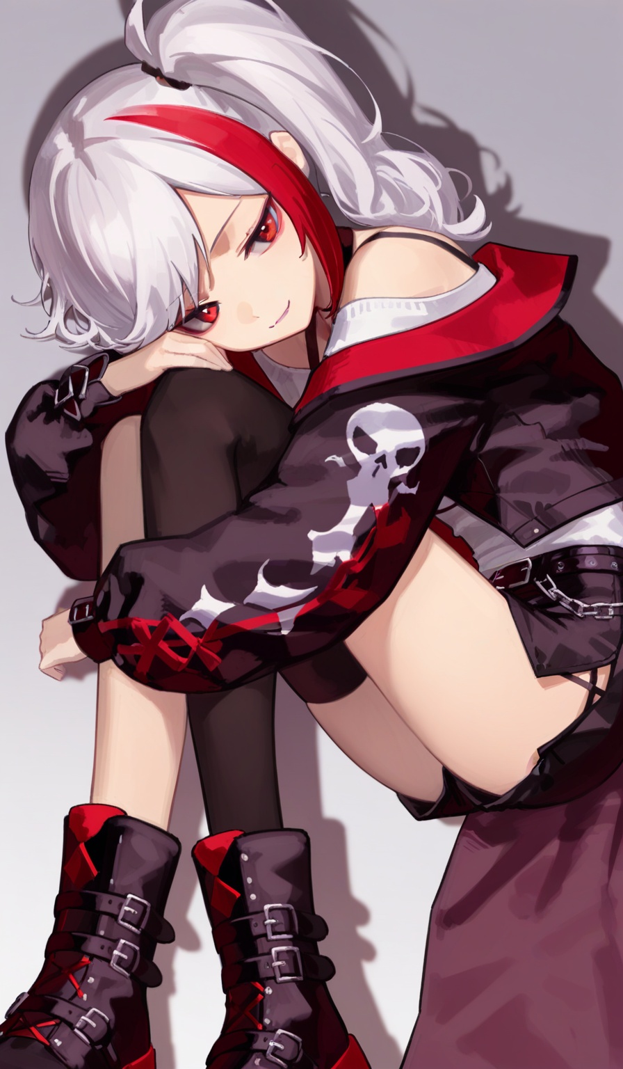<lora:YoonYorry-Style:1.2>,upper body,1girl,solo, red eyes,white hair,long hair,(swept bangs),red streaked hair,side ponytail, open jacket,off-shoulder shirt,bare shoulder,long sleeves,shorts,chain,side slit,boots,buckle,single thighhigh,black thighigh, upper body,looking at viewer,(jitome:1.2),tsurime,light smile,smirk,(lying:1.3),on side,hugging own legs, simple background,drop shadow,