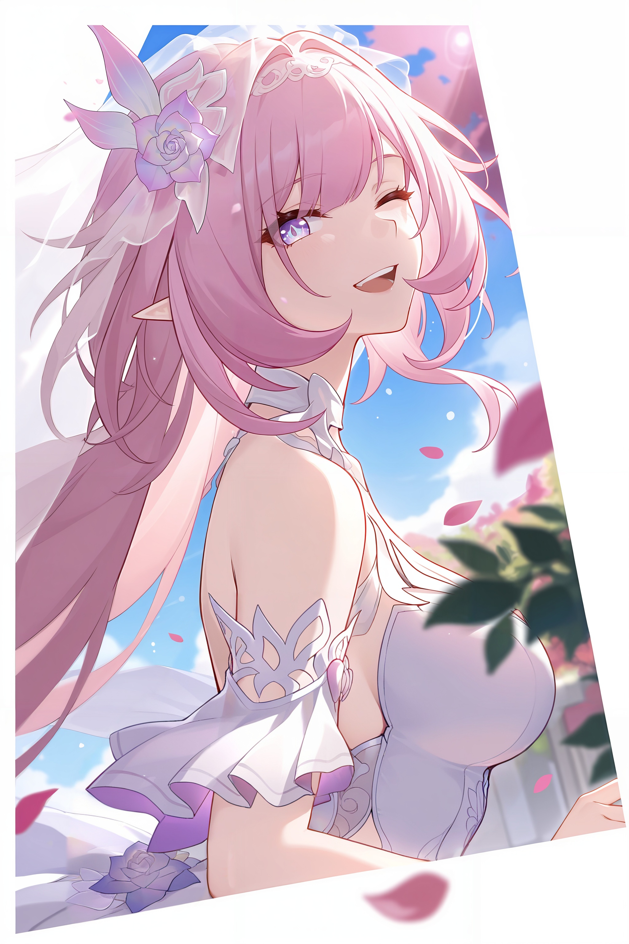 <lora:大昔涟:0.8>,xilian,1girl,long hair,pink hair,hair ornament,pointy ears,pink eyes,very long hair,elf,purple eyes,elysia \(honkai impact\),xilian,1girl,pink hair,solo,long hair,veil,breasts,smile,one eye closed,white dress,open mouth,dress,looking at viewer,petals,teeth,purple eyes,pointy ears,sky,blue sky,upper body,bridal veil,wedding dress,large breasts,pink eyes,depth of field,masterpiece,best quality,very aesthetic,alternate costume,alternate costume,2024,2023,perfect composition,ultra-detailed,extreme aesthetic,masterpiece,best quality,good quality,newest,year 2024,year 2023,very aesthetic,absurdres,looking_at_viewer,colorful,<lora:立绘构图ILL:0.3>,lihui,wind,pink wind,(dynamic_angle:1.1),(dutch angle:1.1),close-up,