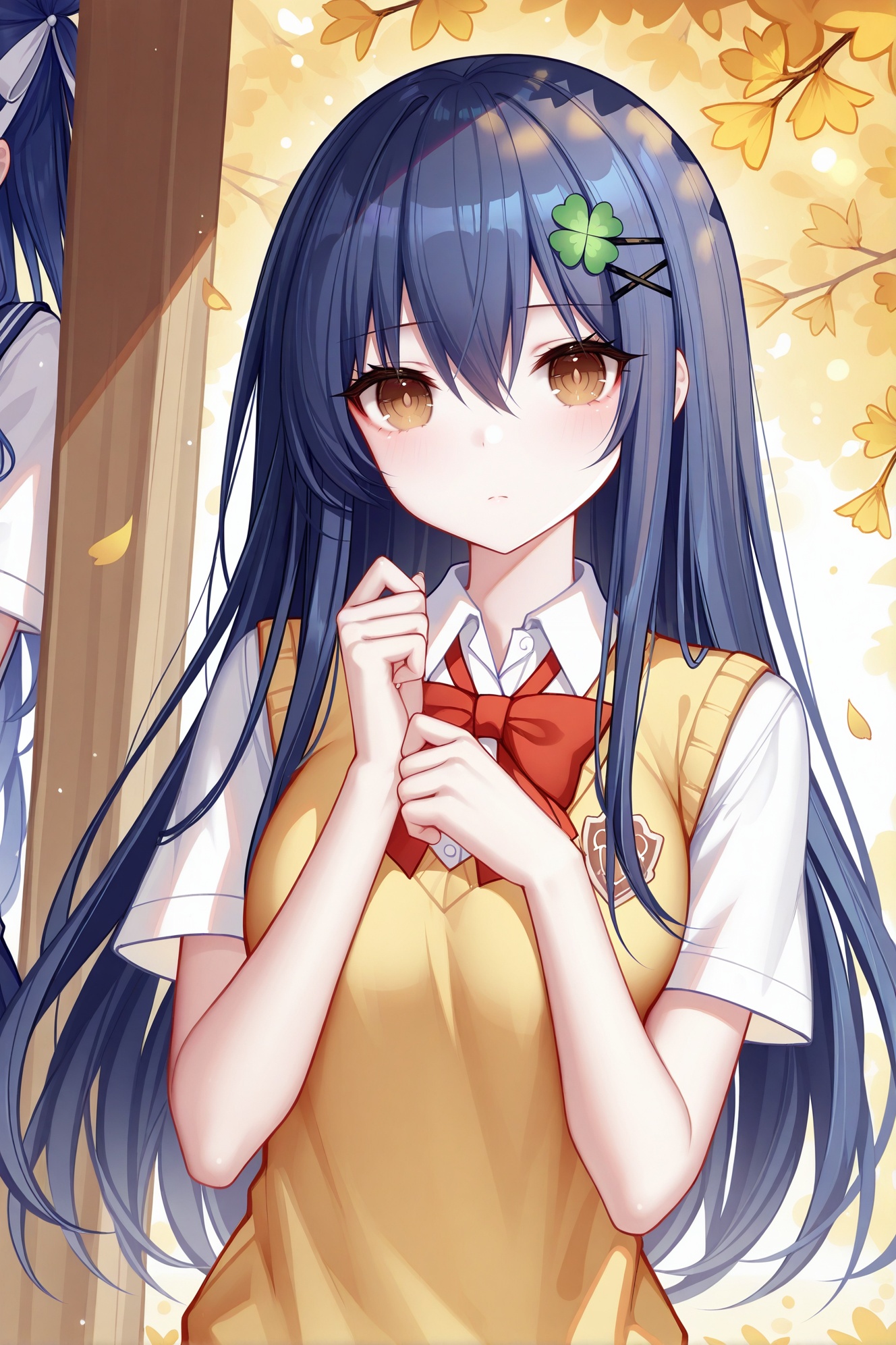 masterpiece, best quality, newest, absurdres, highres,(quan \(kurisu tina\):0.6, ),(binggong asylum:0.6 ),(rimuu:0.5),(mignon:0.5),(sheya:0.5),  itsuka shiori, 1girl, blue hair, brown eyes, hairclip, four-leaf clover hair ornament,school uniform, sweater vest, <lora:shioriXLNAI:1>