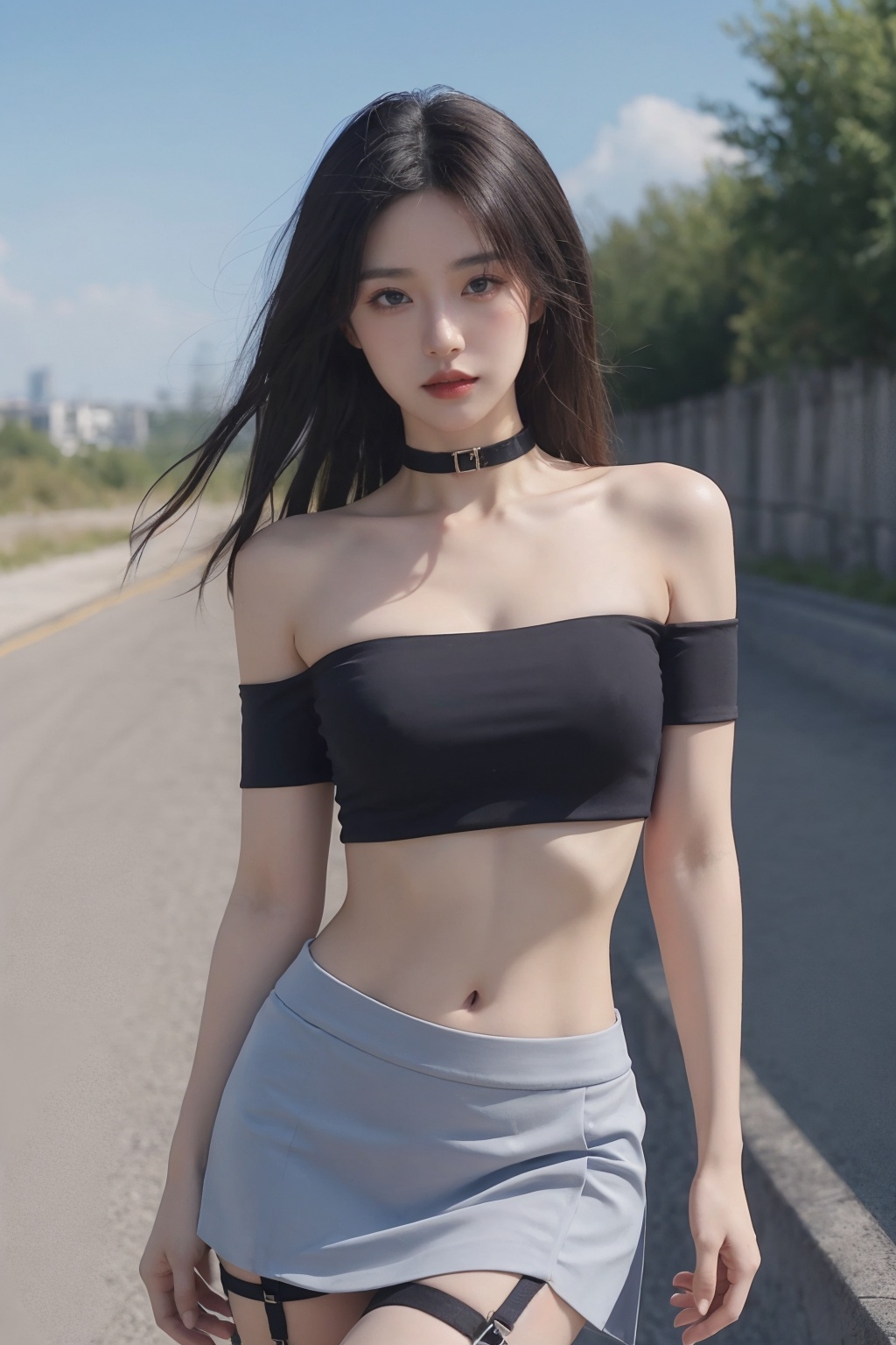 1girl, bandeau, bare shoulders, black choker, blue sky, breasts, choker, cleavage, collarbone, cowboy shot, crop top, day, facial mark, forehead mark, garter straps, grey eyes, jewelry, lips, long hair, looking at viewer, medium breasts, midriff, miniskirt, navel, off shoulder, outdoors, skirt, sky, solo, standing, stomach, thighhighs