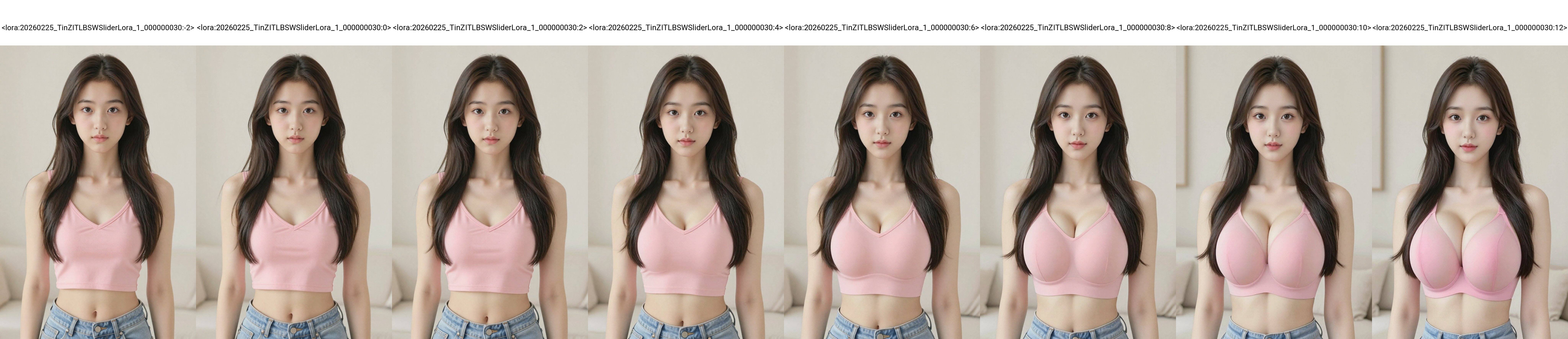 <lora:20260225_TinZITLBSWSliderLora_1_000000030:-2>, A young Asian woman, likely in her early twenties, is centered in the frame, facing the viewer directly. She has long, dark brown hair styled with a slight wave. The woman has a fair complexion, with delicate facial features, including soft brown eyes and a neutral expression. She is wearing a pink V-neck crop top that reveals her midriff and light-wash blue jeans. Her build appears slender and toned. The background is a soft, blurred off-white suggesting a neutral interior space. The lighting is soft and diffused, highlighting the woman's features. The overall atmosphere is clean and contemporary. The image uses a mid-shot composition, placing the emphasis on the woman's upper body and outfit. The style suggests a digitally generated or stylized portrait. 