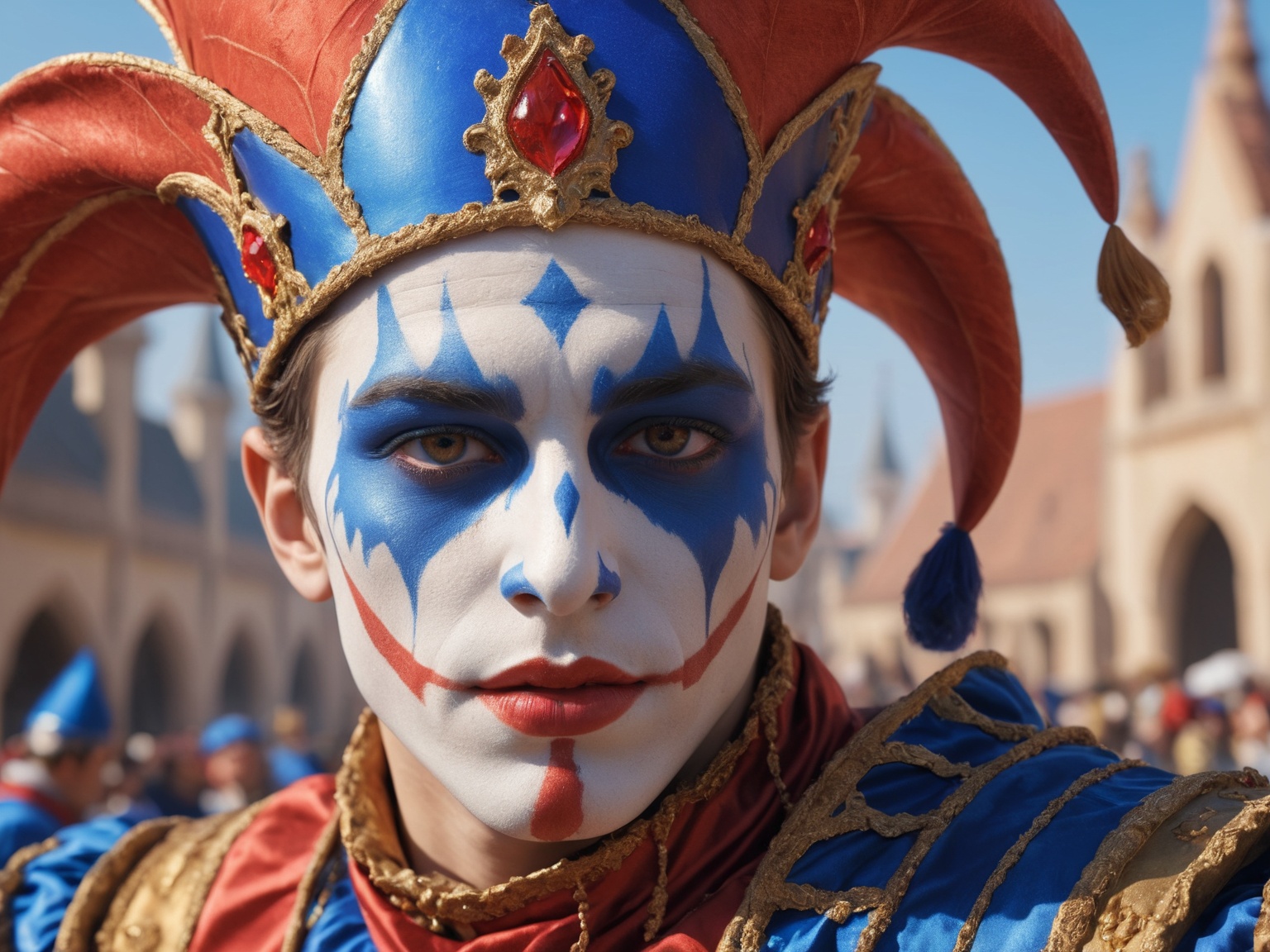 (1boy),  Digital Renaissance Carnival' around the jester,  where the vibrancy of a Renaissance carnival is captured with d...